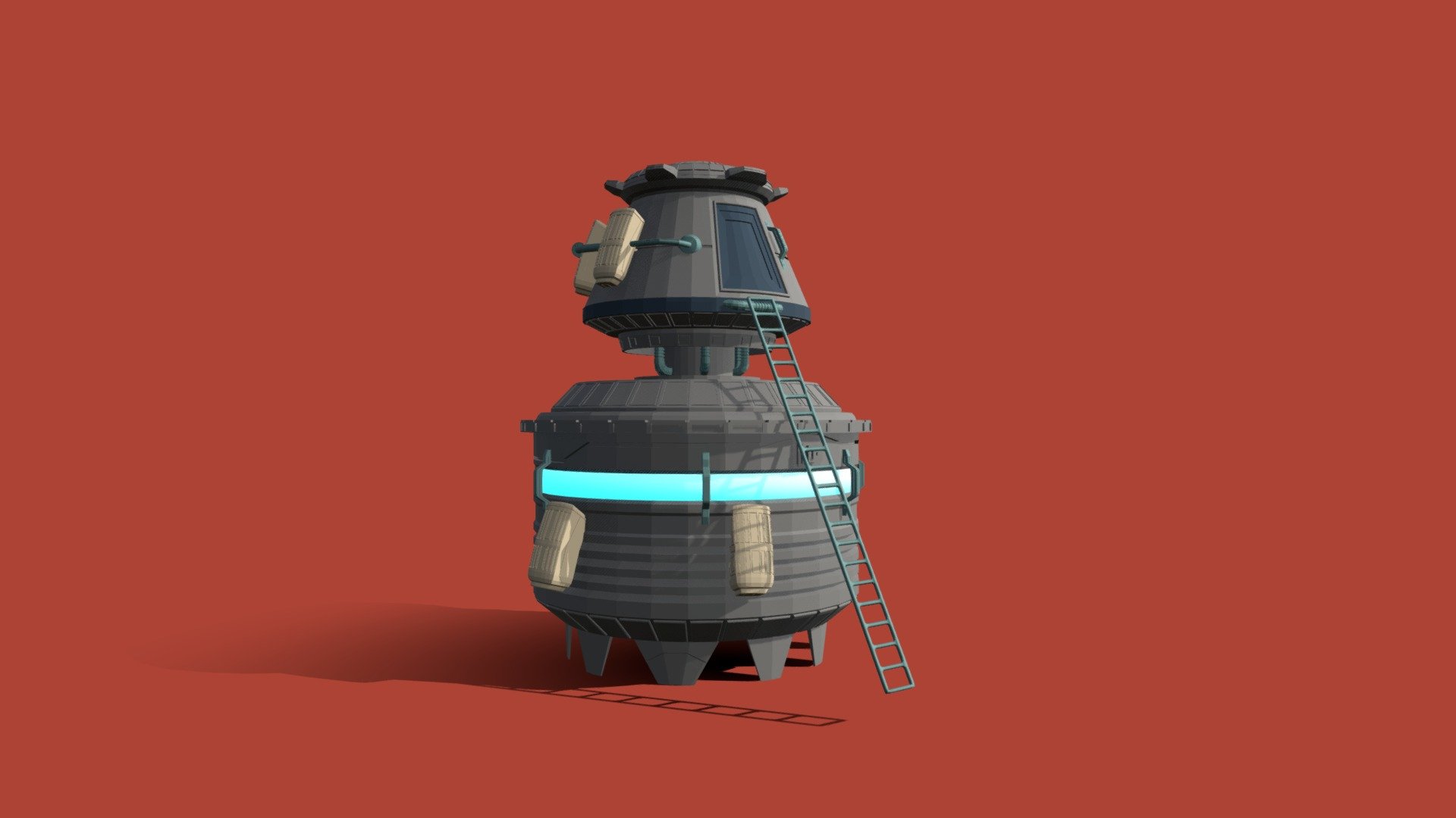 Spaceship lander capsule. Heros, stepping out of the capsule, trying to move their feet in the their space suits and doing the very first step on this dirty planet. These are the first people who will try to colonize this lonely land with only what they got-
I made no specific texture for the model, but materials, which in this case might be just enough for this model 3d model