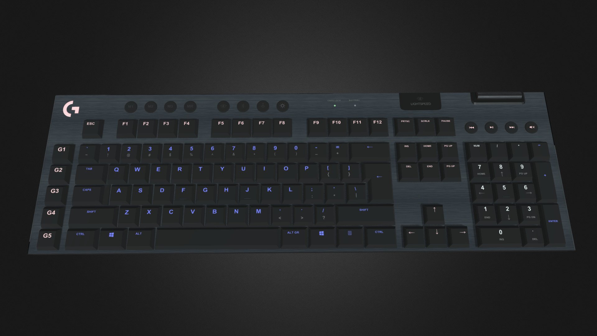 This is a high-quality 3D model of the Logitech G915 LIGHTSPEED gaming keyboard. The model accurately replicates the keyboard's low-profile, full-sized design, and features low-profile switches and keycaps. The keyboard's sleek and durable aluminum build is also faithfully recreated in this 3D model. The model also showcases the keyboard's RGB backlighting 3d model