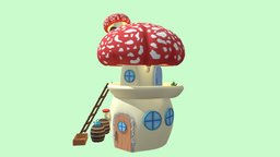 Mushroom House mushroom, barrel, garden, flowers, fairy, amanita, flyagaric, wateringcan, low-poly, lowpoly, house, home, village, magic, gardenbox