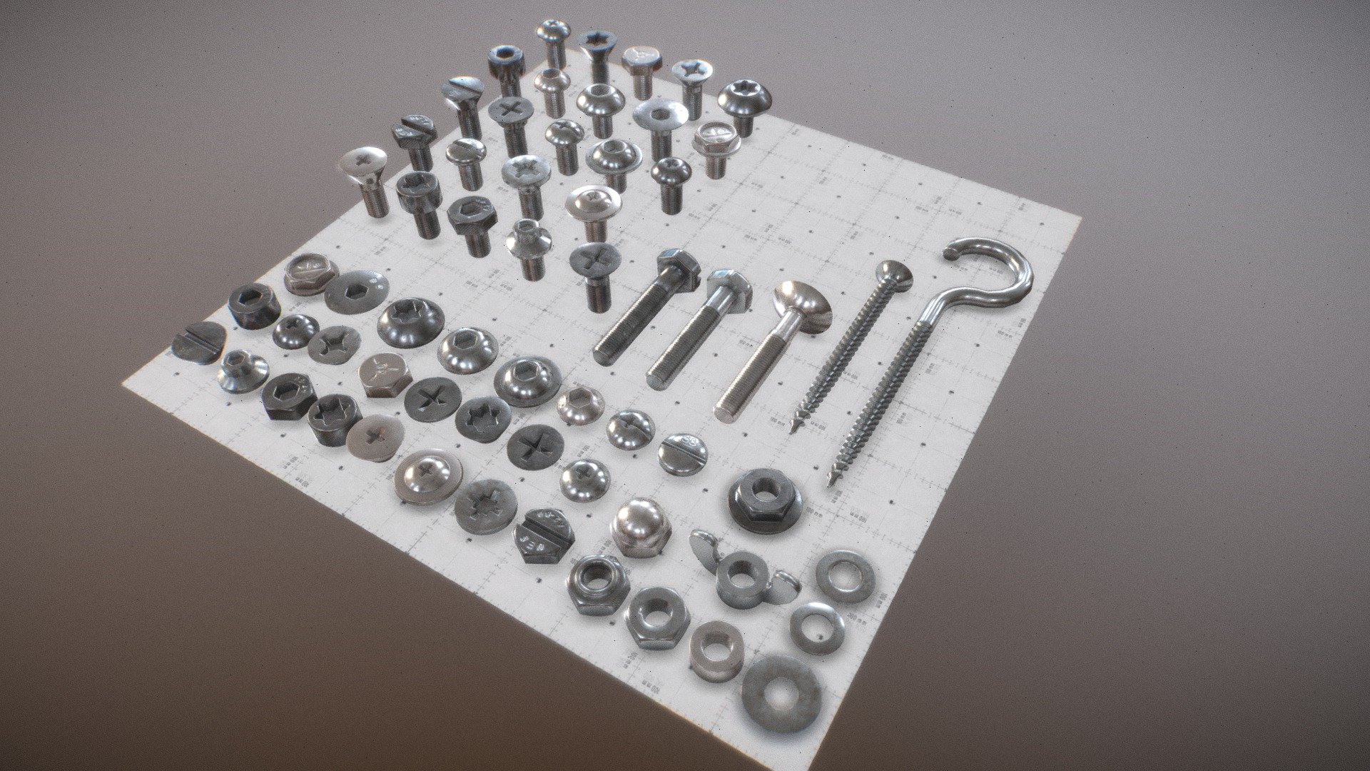 Nuts, Screws and Bolts pack. Introducing collection of meticulously crafted screws and nuts models, designed to elevate the realism of your scenes with intricate detailing. Ideal for close-ups and further shots, these models are subdivision ready, ensuring seamless integration into your projects. Each component is optimized for effortless use across all 3D platforms and game engines, offering high-quality variants and textures in stunning 4K resolution. Additionally, the kit features a versatile kitbash option, empowering you to customize and assemble your own unique models. As a bonus, we provide two rust textures along with instructions on leveraging them to create dynamic weathering effects using Blender's ambient occlusion feature (or its equivalent in other software). Save yourself the tedium of modeling them from scratch; download these assets from our site and effortlessly enhance the detail and realism of your scenes 3d model