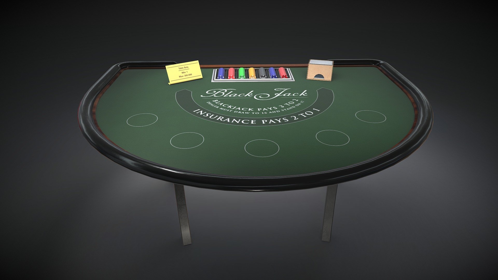 Casino Black Jack table
optimized for mobile. 2 2k texture maps and one for the floor (baked shadow) 3d model