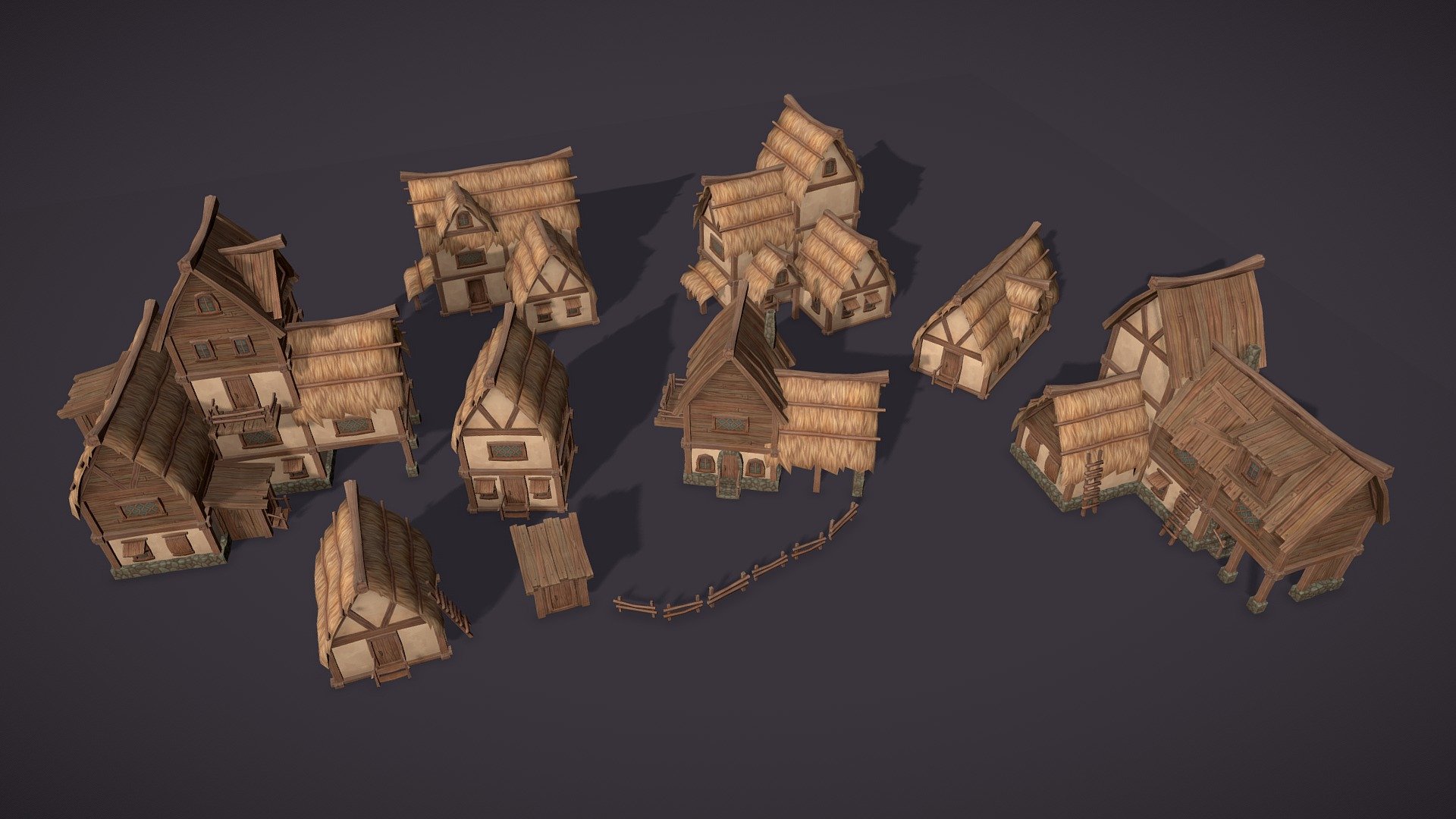 Low poly hand painted medieval houses set. 




.fbx format

5300 polys in biggest house

8 unique models of houses, shelter, fence 

two textures: diffuse map 1024px in .png format

elements for creating new houses: roofs, walls, fence, door, windows and others
 - Medieval houses - 3D model by cattleya 3d model