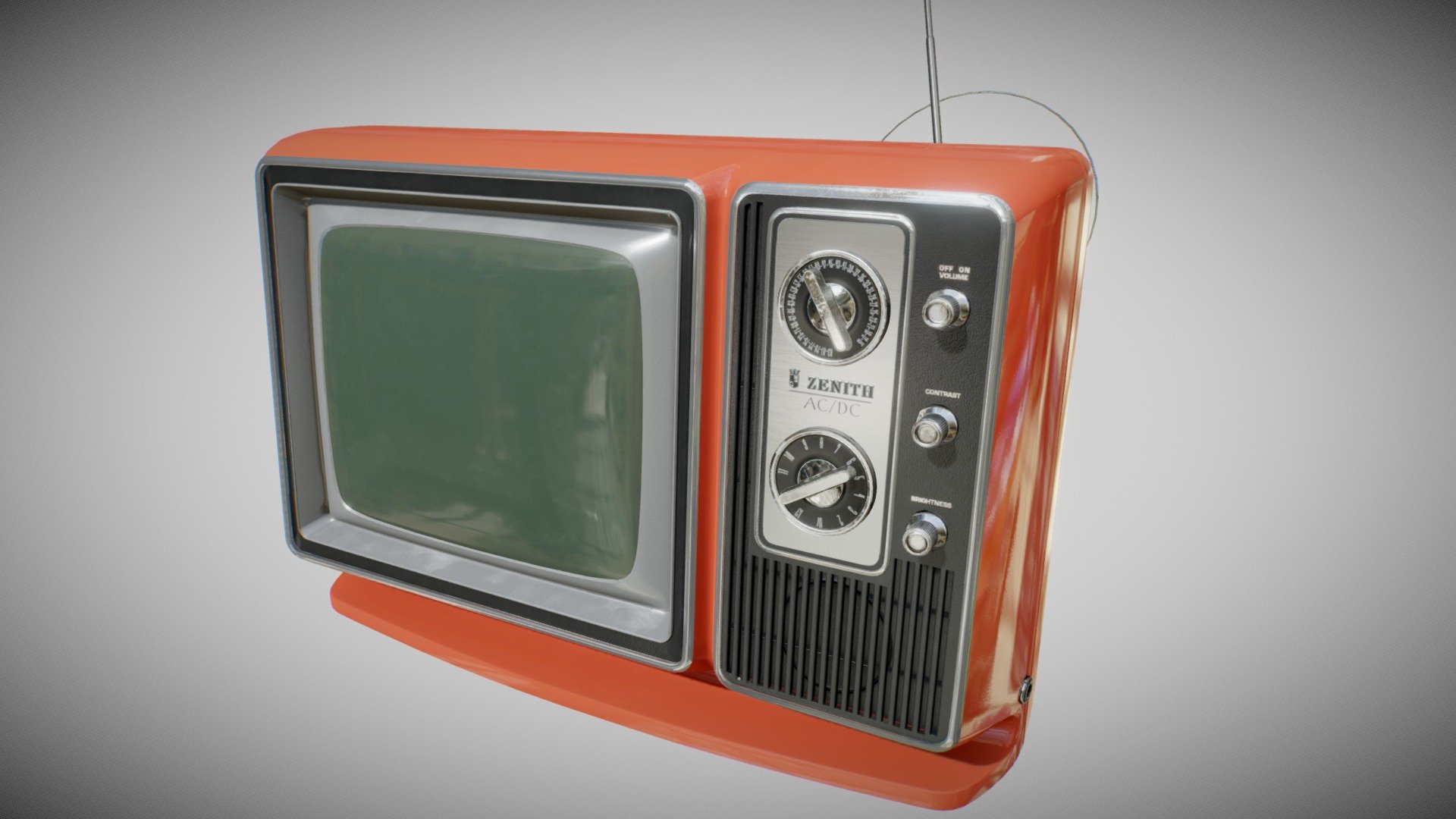 Gameready retro TV Asset.
Materials are split in 3 Parts -
- Screen (for using animated textures) 
- Case (for changing the color) 
- Details ( for all the metallic/plastic Parts)  

modeled as close as possible to the zenith 1965 CRT Television. (yeah, there are allmost no reference images out there) - Retro Zenith 1965 TV - Buy Royalty Free 3D model by Piotr "Pjot" Dyderski (@zachiar) 3d model