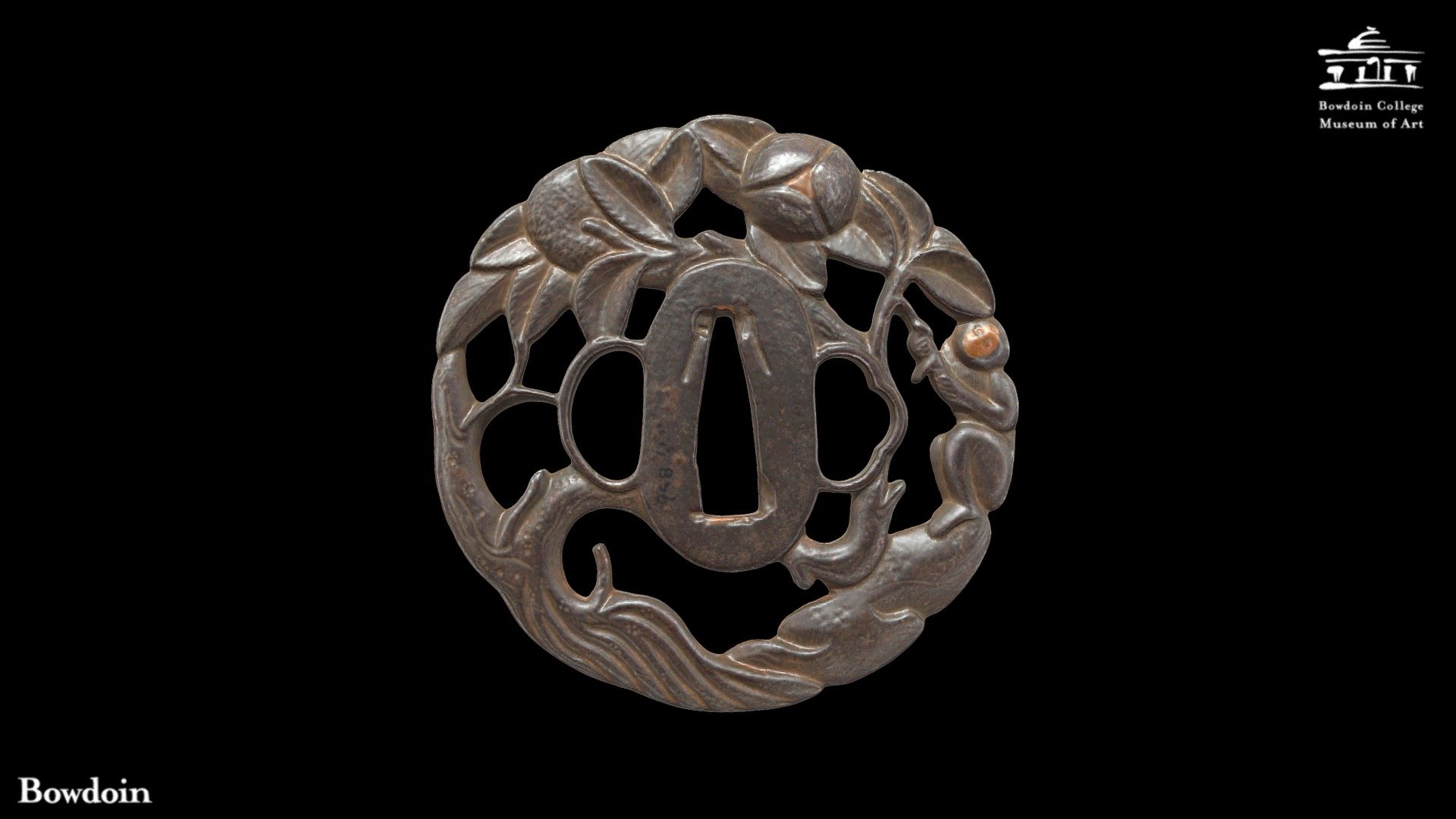 Artist Echizen Ju Kinai

Title Sword Guard (Tsuba): Monkey with Peaches

Creation Date 1603-1868

Century 17th-19th century

Dimensions 3 3/16 in. x 3 in. x 5/16 in. (8.1 cm x 7.62 cm x 0.79 cm)

Object Type arms and armor

Creation Place Asia, Japanese

Medium and Support iron

Gift of the Misses Harriet Sarah and Mary Sophia Walker

Accession Number 1894.92 
https://artmuseum.bowdoin.edu/objects-1/info/395

Model by D. Israel using Artec Space Spider Scanner - Sword Guard (Tsuba): Monkey with Peaches - 3D model by Bowdoin College Museum of Art (@bowdoin-college-museum-of-art) 3d model