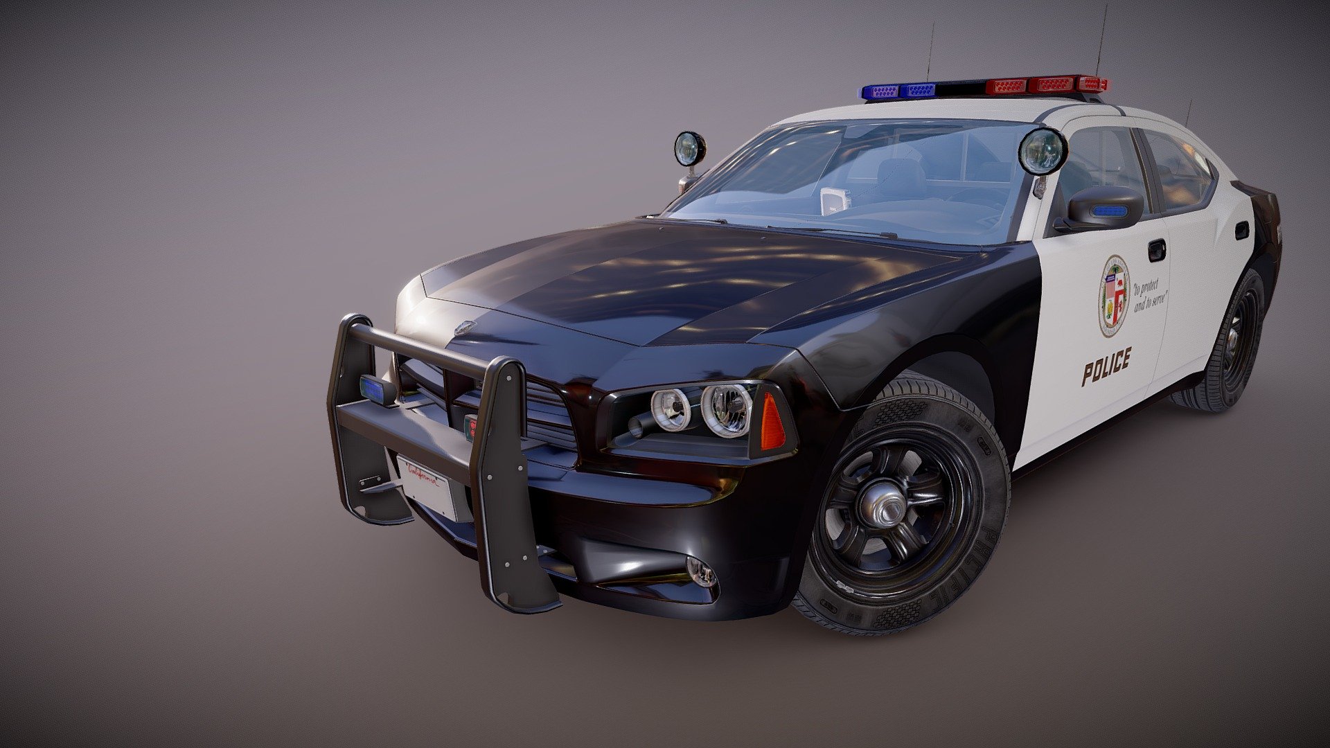 Game-ready Charger police car model with clean topology. Original wheels with PBR maps. Logos and badges are separated object with separate map.Lowpoly textured interior model. Model ready for real-time apps, games, virtual reality and augmented reality 3d model