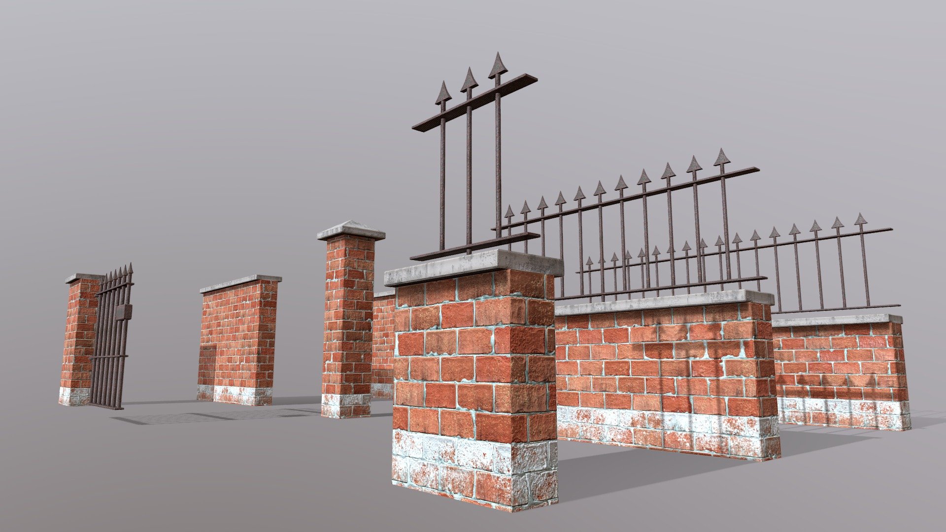 Fully Modular Brick Wall Pack for games and animations. The model is game ready and compatible with game engines. 

It can be used to create a garden wall, fence or a boundary wall for realistic games.

TWO variations of the wall are included.

The package contains 4K (4096x4096) PBR textures which are highly detailed HD.

Specific PBR maps for the following  game engines are included in separate files:


Unity
Unreal
PBR - Metal Rough

The package contains 8 Individual modular pieces that can be arranged in any desired formation.

Pieces included:


3 sizes of wall with wrought iron fence.
3 sizes of taller wall
1 pillar.
1 small metal gate.

Total polycount - 2,215 polygons - 2,568 Vertices (Low-Poly)

The 3d model is properly UV mapped with non-overlapping and optimised UV's for a better texel density.  

Create and build your own PC &amp; mobile environments using our PBR Modular Fence Pack 3d model