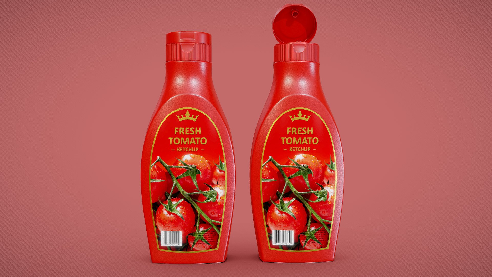 3D model of plastic tomato ketchup bottle. PBR materials, 2K textures.

Bottle label is bespoke and fictional 3d model