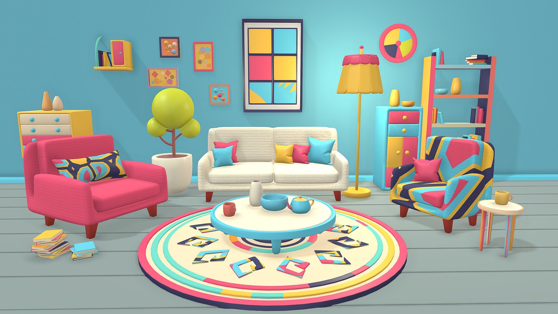 Embark on a visual journey with this Stylized Colorful Living Room 3D Model! This vibrant creation is a playful blend of hues, featuring meticulous details and lively decorations. Perfect for game environments or animated scenes, each element is thoughtfully designed to bring joy and character to your virtual space. Elevate your projects with the whimsy of this living room, where every corner exudes a lively charm. Purchase now and infuse your digital world with the vibrant energy of this Stylized Colorful Living Room, transforming your scenes into a delightful haven of creativity and color! - Stylized Living Room - Buy Royalty Free 3D model by ahingel 3d model