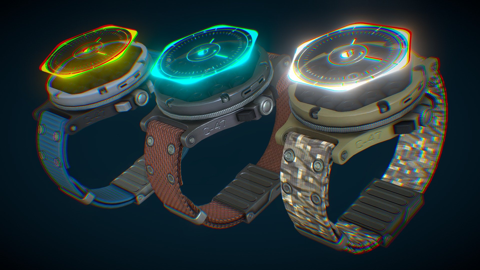 Cyberpunk themed holographic timepieces in 3 different flavours.

Modelled in Maya 2018 textured in Substance painter 2 3d model