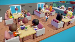 Low Poly characters in a restaurant food, toon, cute, cafe, restaurant, cook, kitchen, waiter, character, cartoon, lowpoly