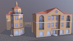 Corner Tower & Buildings tower, modern, prop, floor, corner, apartment, buisness, colored, architecture, lowpoly, building, shop