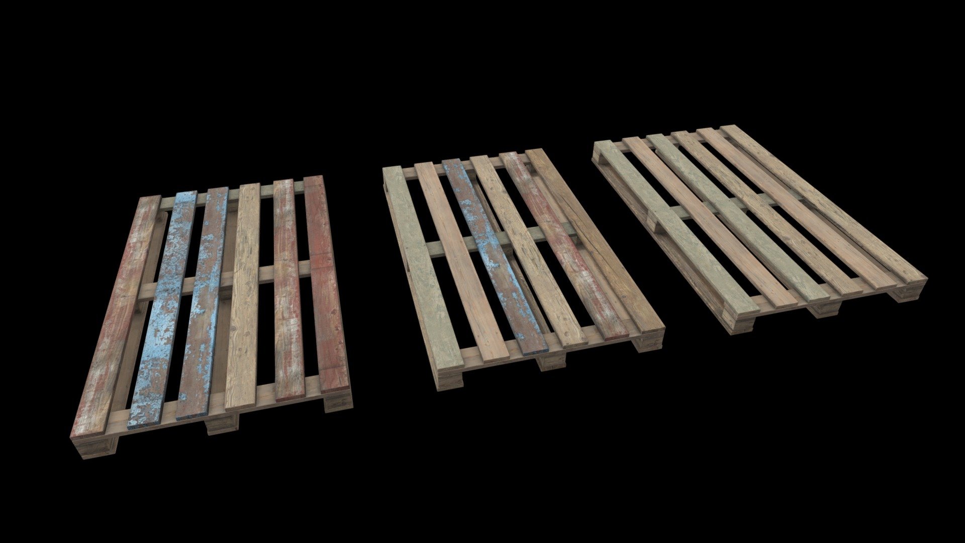 3 wood pallets with broken pieces suitalbe for high quality games/VR/Real time projects 3d model