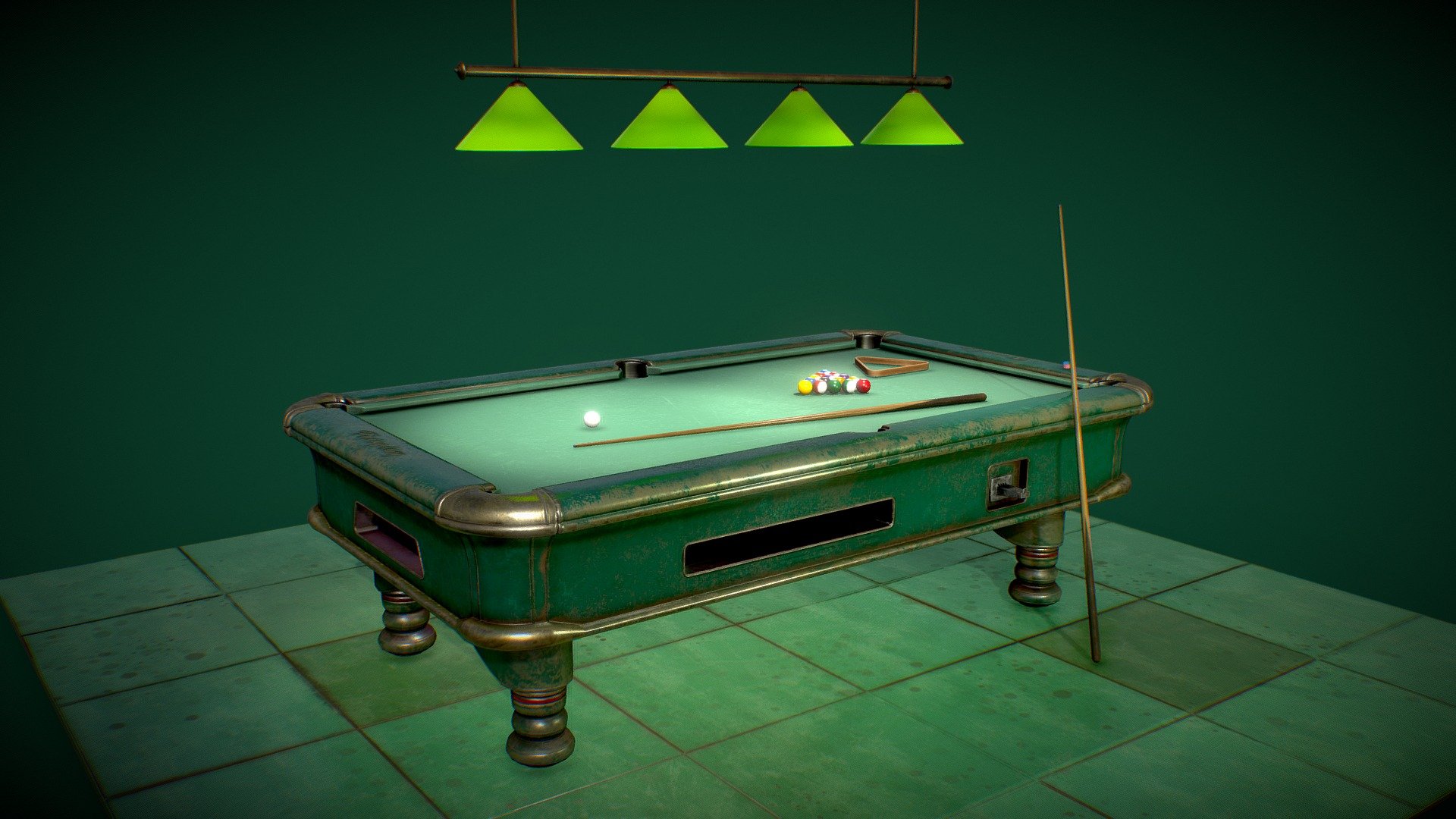 This table can tell many dark agreements, epic unknown tournaments and hand exchange of valuable possessions. Worn out pool table with 5 assets: pool table, chalk, cues, balls, lamp and floor. The assets are made in low poly high detail version with 22.087 polys, and textures in 4096 x 4096 px. ( Ambient occlusion, metallic, roughness, base color, opacity, emission and normal map 3d model