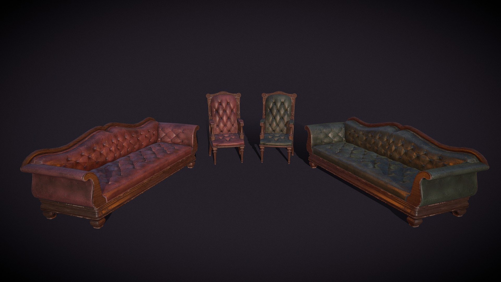 A pack with my victorian styled sofa and chairs. Both have 2k textures and a bonus lead green texture! 

Updated 4k textures and other props will be added in the future 3d model