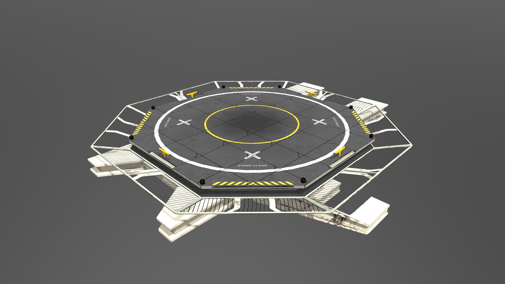 A landing pad I built in multiple pieces. I wanted to get as much detail on the pad itself so I built a full corner and then duplicated it to the full shape 3d model
