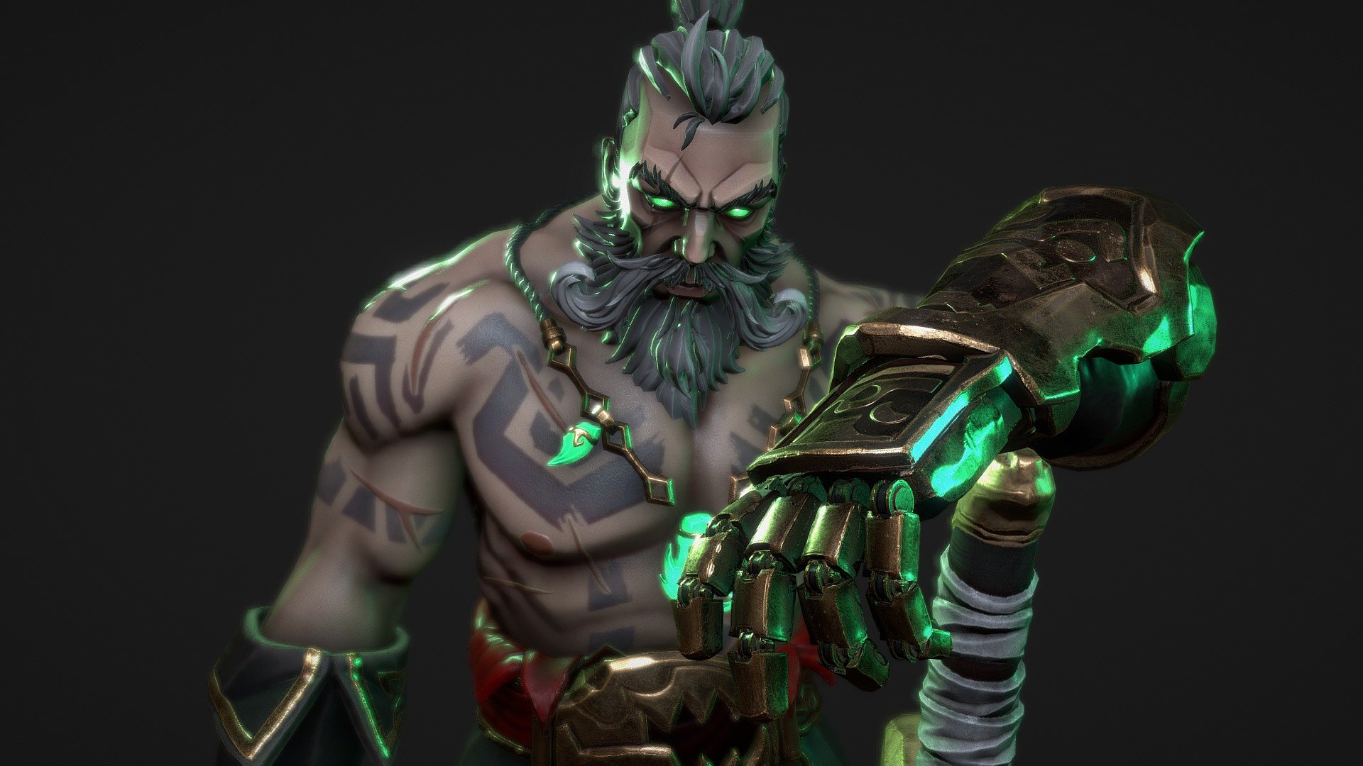 Personal piece for ruined king gangplank skin. Goal was 60k tris, and the character without weapon/plinth is 59k 3d model