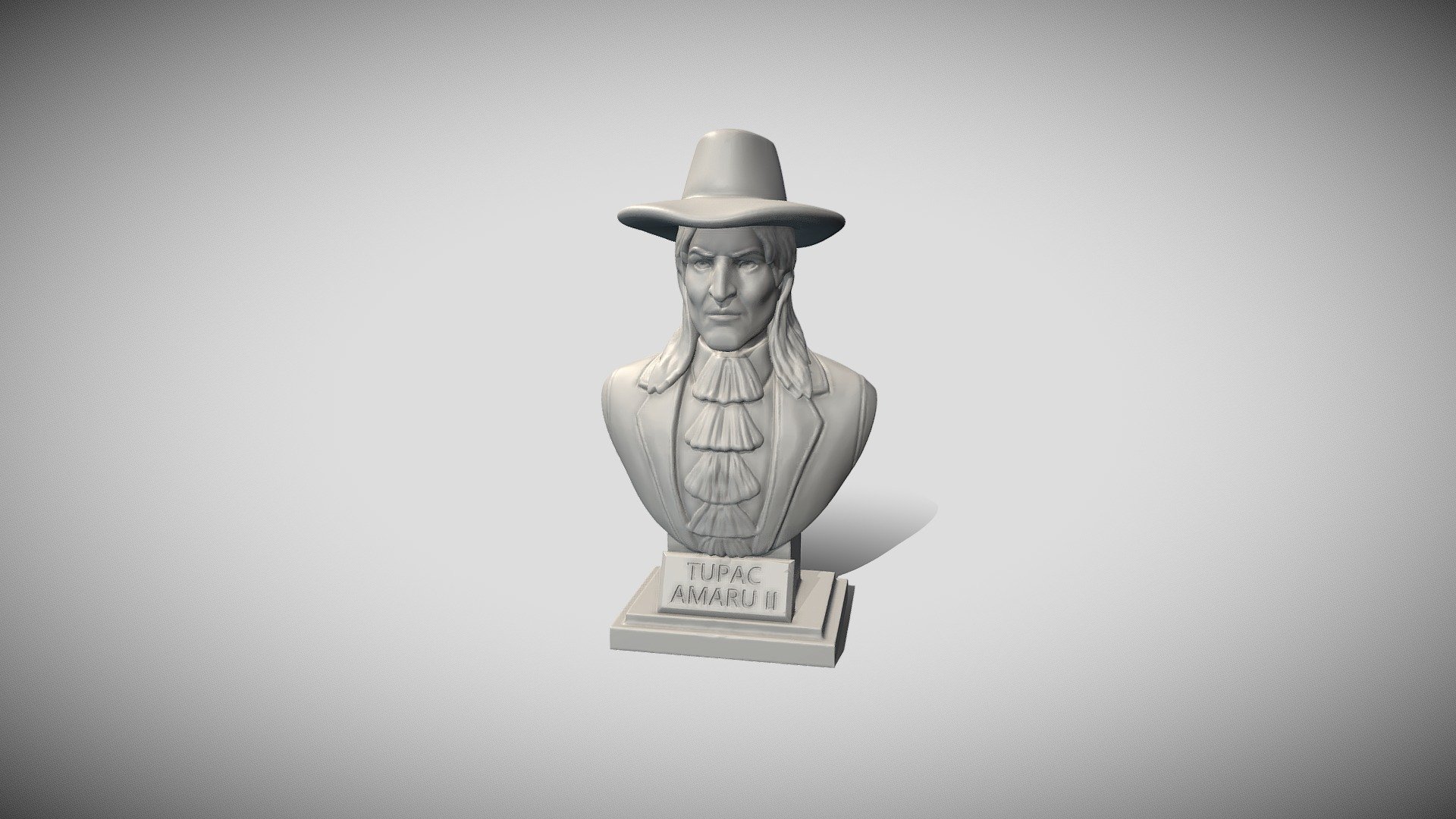 Bust of Túpac Amaru II for 3D print.

Túpac Amaru II was of mestizo origin, descended from Túpac Amaru I, fourth and last of the Incas of Vilcabamba who continued fighting against the Spanish until 1572. Upon the death of his father, Túpac Amaru II inherits the curacy of Surimana, Tungasuca and Pampamarca. 

He was wealthy and was dedicated to commerce since he owned a mule business used at that time for the transportation of goods. 

On the other hand, he was raised (until he was 12 years old) by the Creole priest Antonio López de Sosa and then in the San Francisco de Borja School, where he showed a preference for Creole; He came to master Latin and use refined Hispanic clothing. 

Later he dressed as an Inca noble when he sought to claim the Marquisate of Oropesa. He also mastered and used the native Quechua language 3d model