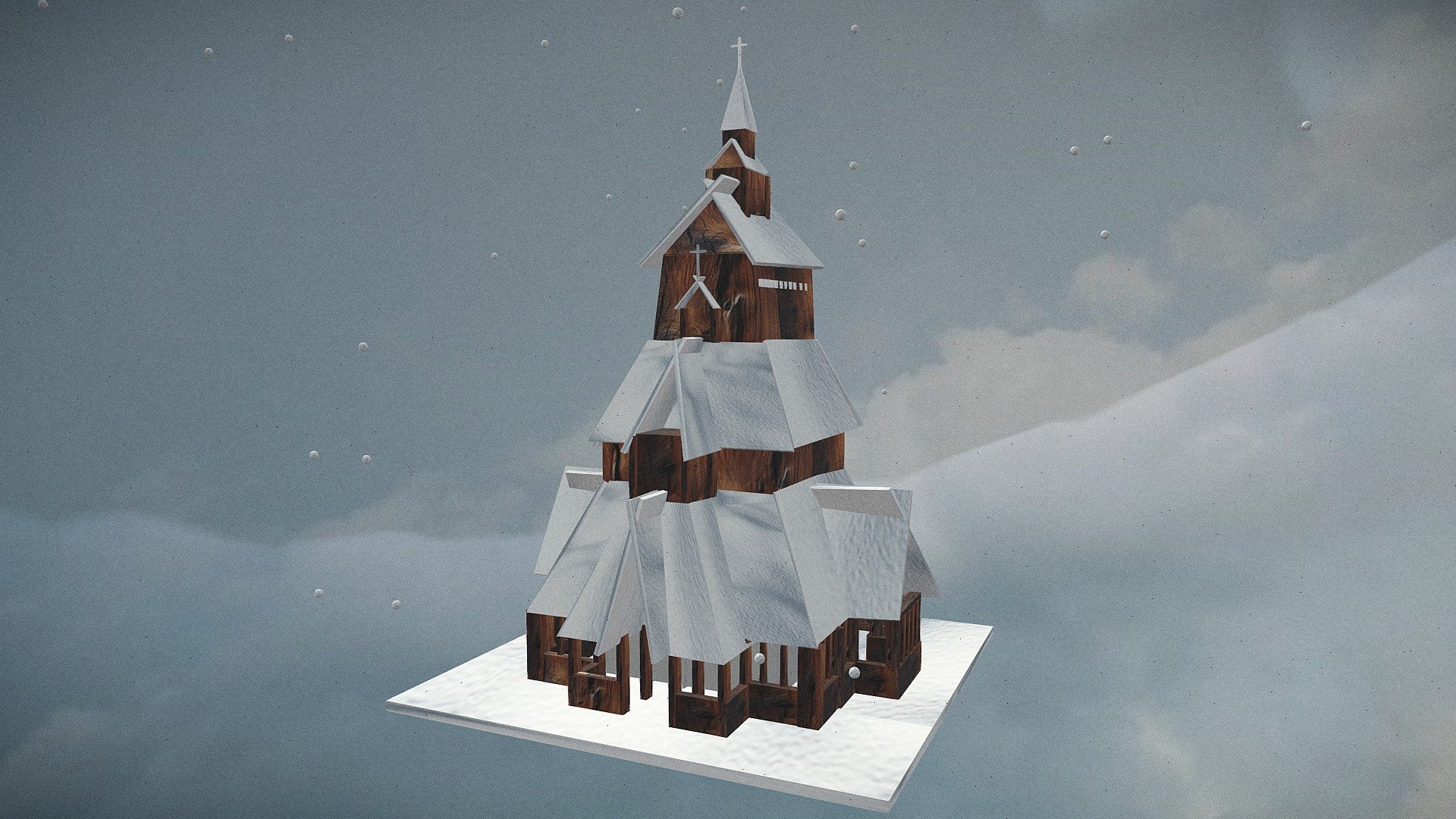 Viking Church Diorama. Wooden stave church covered in winter snow 3d model