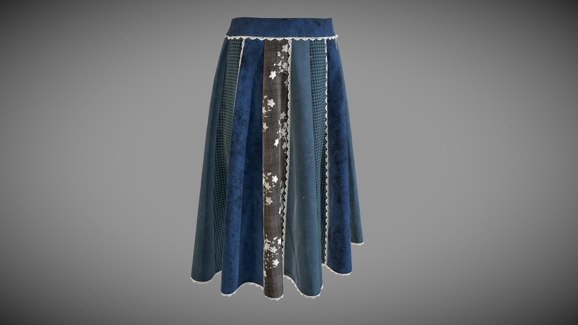 The 3D model presents a 3D reconstruction of a skirt (Design patent RU107503 “Skirt”). The casual 16-gored skirt has a belt and a zip fastener. The garment is made of four textile materials. A decorative lace ribbons run along the seamlines, the belt and the heamline. The 3D model was created in Clo3D software, textured in Substance Painter and post-processed in 3dsMax.

The authors of the 3D model are Mariia Moskvina and Aleksei Moskvin (Saint Petersburg State University of Industrial Technologies and Design)

https://independent.academia.edu/MariiaMoskvina

https://independent.academia.edu/AlekseiMoskvin

DOI:   http://dx.doi.org/10.13140/RG.2.2.29130.03521

Original source: https://www1.fips.ru/registers-doc-view/fips_servlet?DB=RUDE&amp;DocNumber=107503&amp;TypeFile=html - Skirt (Design patent RU107503) - 3D model by Mariia Moskvina (@mariia89) 3d model