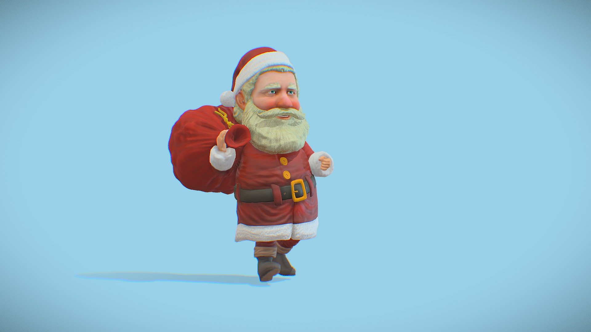 Santa's blender Rigify has been assembled.A simple walking movement cycle is also included. Contains mouth, tongue, teeth, eyeballs, hair, beard, hat, bag, all are solid apart 3d model