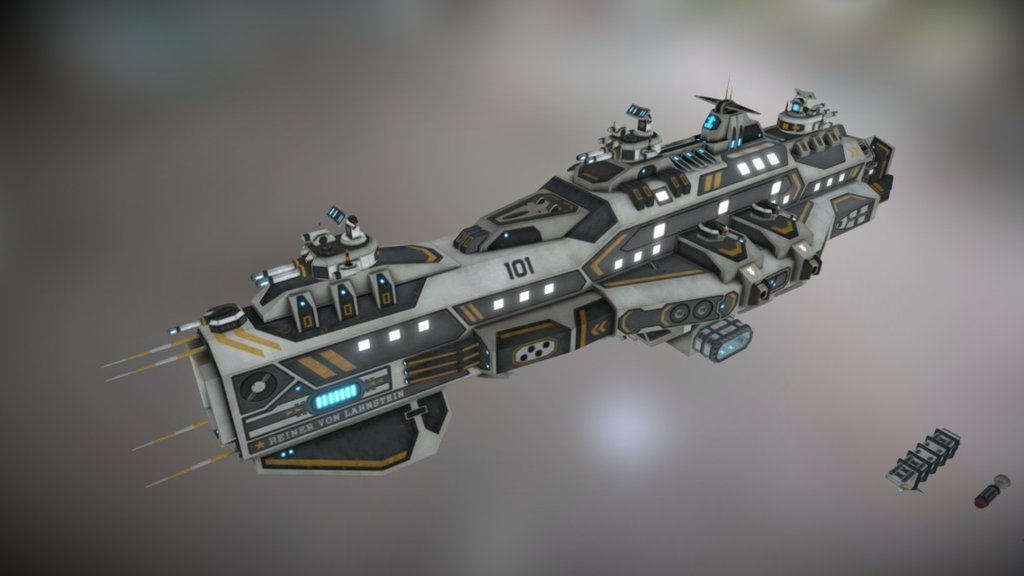 Cruiser with 3 turret types: Large (primary armament), medium and Flak.

Modular design with: 1 torpedo + 1 missile, torpedo and missile launchers, antenna and fighter launch bay. 

7 different texture sets.

animated turrets, missile silo and blinking lights (unity 5)
 - von Lahnstein Class Cruiser - 3D model by jargraf 3d model