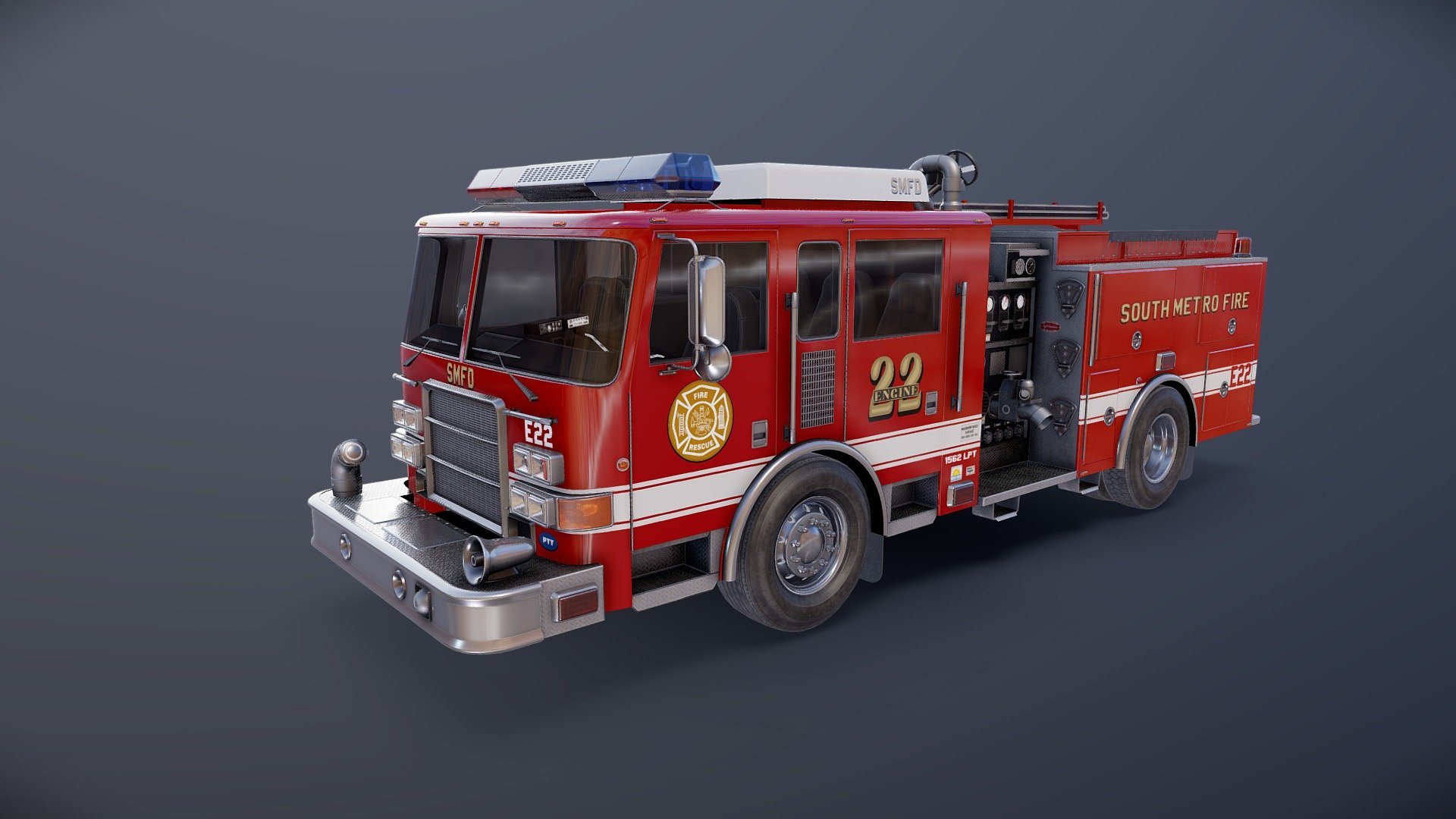Seagrave marauder pump fire engine game ready model.

Full textured model with clean topology.

High accuracy exterior model.

Different tires for rear and front wheels.

High detailed cabin - seams, rivets, chrome parts, wipers and etc.

High detailed equipment - gauges, valves, tubes etc.

Lowpoly interior - 4049 tris 2289 verts.

Wheels - 15772 tris 8712 verts.

Full model - 98499 tris 60008 verts.

High detailed rims and tires, with PBR maps(Base_Color/Metallic/Normal/Roughness.png2048x2048 )

Original scale.

Lenght 9.6m , width 3.3m , height 3.4m.

Model ready for real-time apps, games, virtual reality and augmented reality.

Asset looks accuracy and realistic and become a good part of your project 3d model