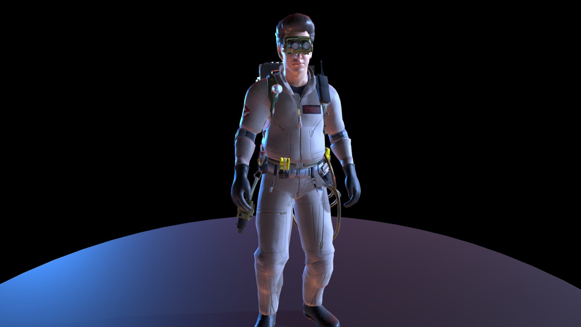 Ghostbuster Dr. Egon Spengler scanning the environment with his Ecto-goggles. Animated/designed in Cinema4D 3d model