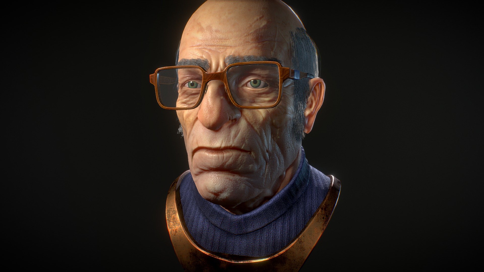 Inspired by the stories of Arkadiy and Boris Strugatsky. Sculpting, retopo, UV unwrapping and texturing made in 3d-coat. Looking glasses made in 3d max, hair made in Maya.
 https://www.artstation.com/artwork/gLREG
 Model in store:
 -link removed- - Old man - 3D model by Dmitriy Dryzhak (@arvart.lit) 3d model