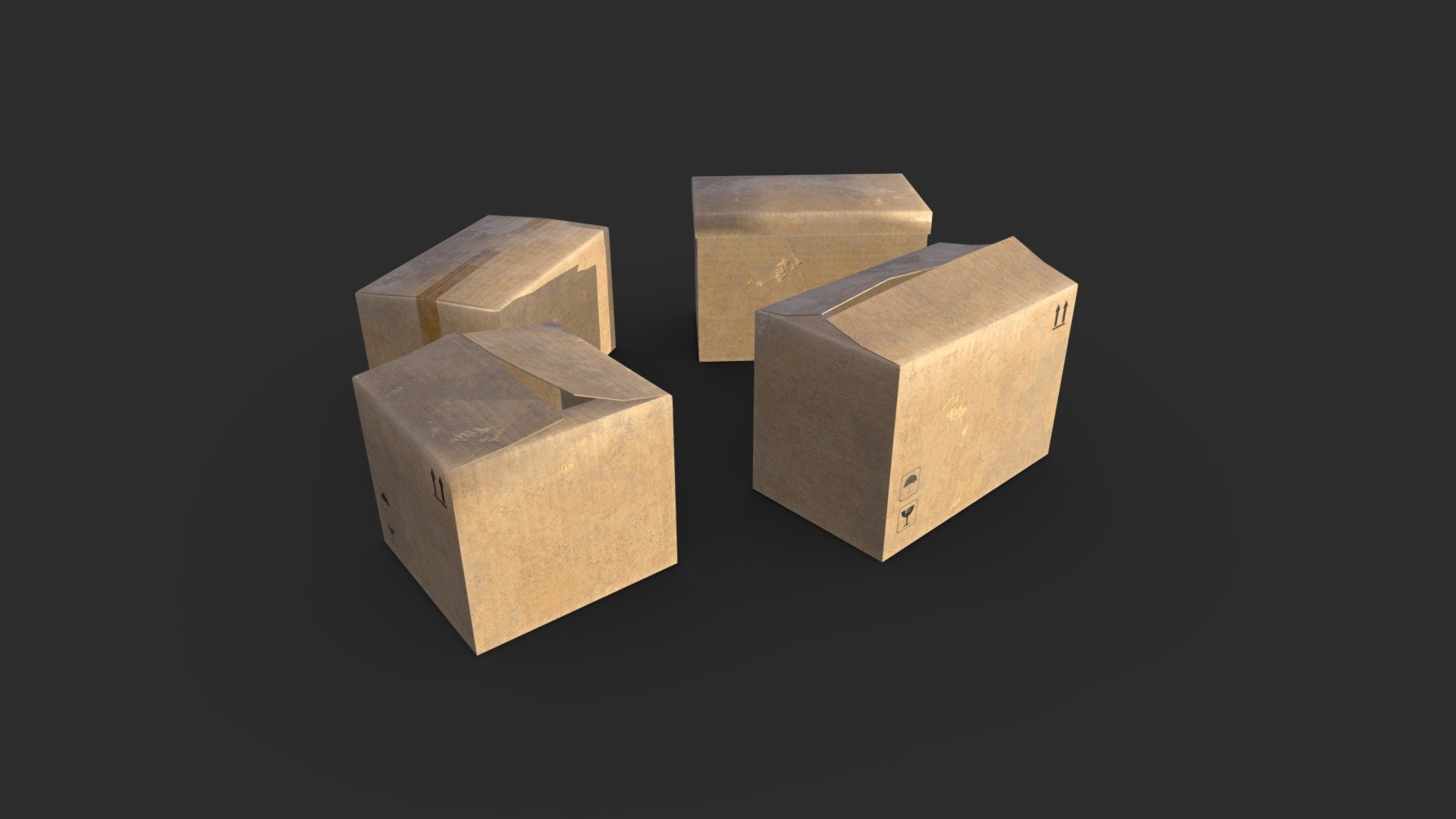A 3D model of 4 cardboard boxes. All of the 4 boxes share the same material and textures and have 2 LODs for the mesh to be ready for game using.

The 3D model is ready for game and low poly using. All materials are ready for PBR rendering.

Originally created with Blender 2.79b

Low poly model

SPECIFICATIONS

Objects : 8 
Polygons : 386 
LOD : 2 
Subdivision ready : No 
Render engine : Cycles render or Eevee

Box 1 (LOD0/LOD1) 
Polygons : 42 / 12 
Vertices : 44 / 10

Box 2 &amp; Box 3 (LOD0/LOD1) 
Polygons : 146 / 11 
Vertices : 148 / 20

Box 4 (LOD0/LOD1) 
Polygons : 52 / 12 
Vertices : 54 / 10

TEXTURES

Materials in scene : 1 
Textures sizes (4K / 2K / 1K) 
Textures types : Diffuse, Metallic, Roughness, Normal, Heigh and AO 
Textures format : PNG

GENERAL

Real scale : Yes Scene objects are organized by groups

ADDITIONAL NOTES

File formats do not include textures. All textures are in a specific folder named &lsquo;Textures' - Cardboxes - Buy Royalty Free 3D model by KangaroOz 3D (@KangaroOz-3D) 3d model