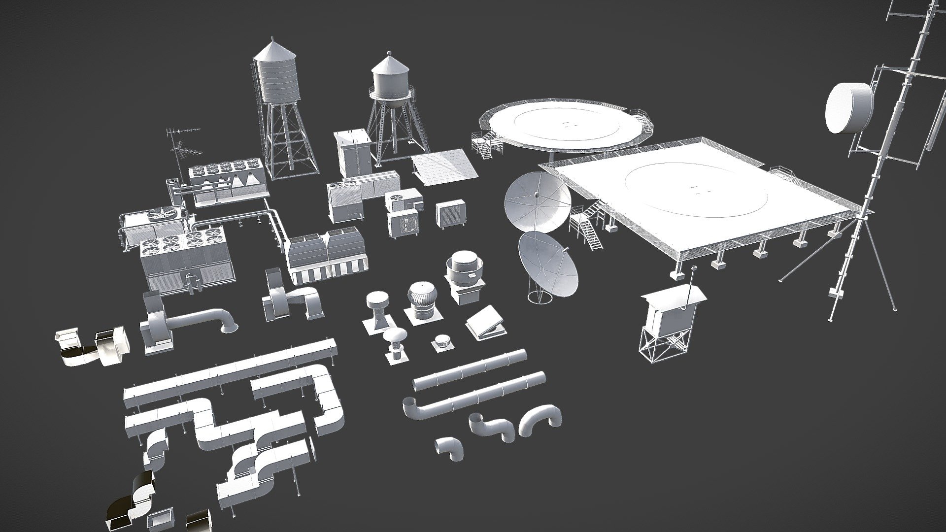 Various parts for rooftop 43 pieces for building (air conditioning units, antenas, pipes, vents, helipad, cell tower&hellip;) Models are not up to scale or precise, because they are modeled from various available images

Polys: 95435 Vertices: 121533

clean geometry: polygons only

render setup not included in the file

materials : basic

uw mapped: NO

uw unwarped: NO

zip file (max2017, OBJ, blender, FBX) - rooftop parts - Buy Royalty Free 3D model by cikameja 3d model