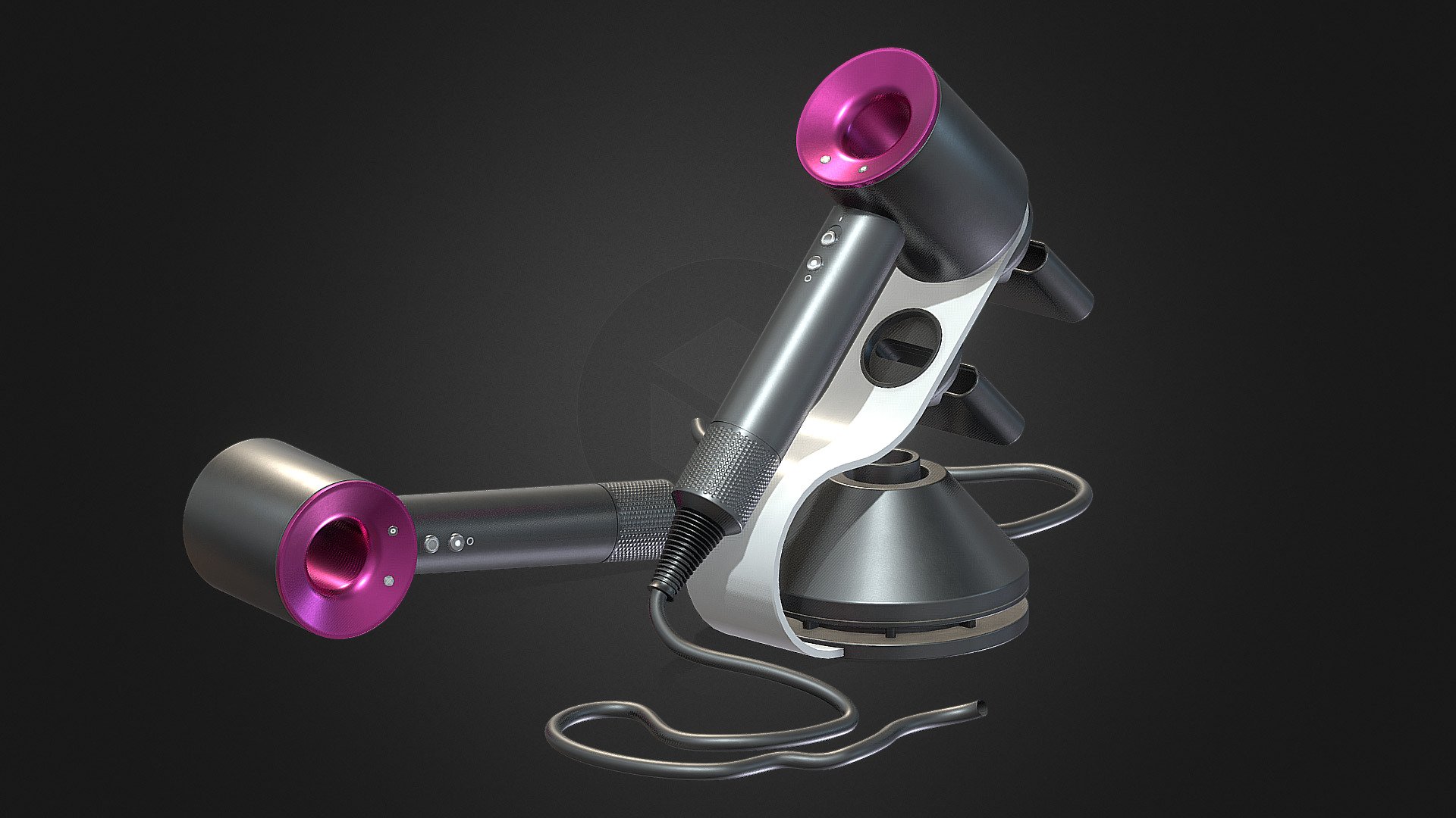 Dyson Supersonic hair dryer with stand for additional headders - model created in Blender, painted in Substance painter - Dyson Supersonic hair dryer - 3D model by skibigfx 3d model