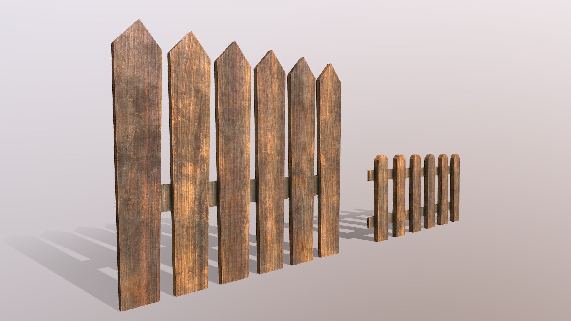 Wooden Fence Pack for games and animations. The model is game ready and compatible with game engines. 

It can be used to create a fence for realistic games.

TWO variations of the fence are included.

The package contains 4K (4096x4096) PBR textures which are highly detailed HD.

Specific PBR maps for the following  game engines are included in separate folders contained in the package:




Unity

Unreal

PBR - Metal Rough

The package contains 2 Individual modular pieces that can be arranged in any desired formation.

Pieces included:




Large fence

Small fence

Total polycount - 228 polygons - 156 Vertices (Low-Poly)

The 3d model is properly UV mapped with non-overlapping and optimised UV's for a better texel density.  

Create and build your own PC &amp; mobile environments using our PBR Modular Fence Pack.

This fence pack is just one out of a series of urban packs offered by us. Have a look at our store to find more types 3d model