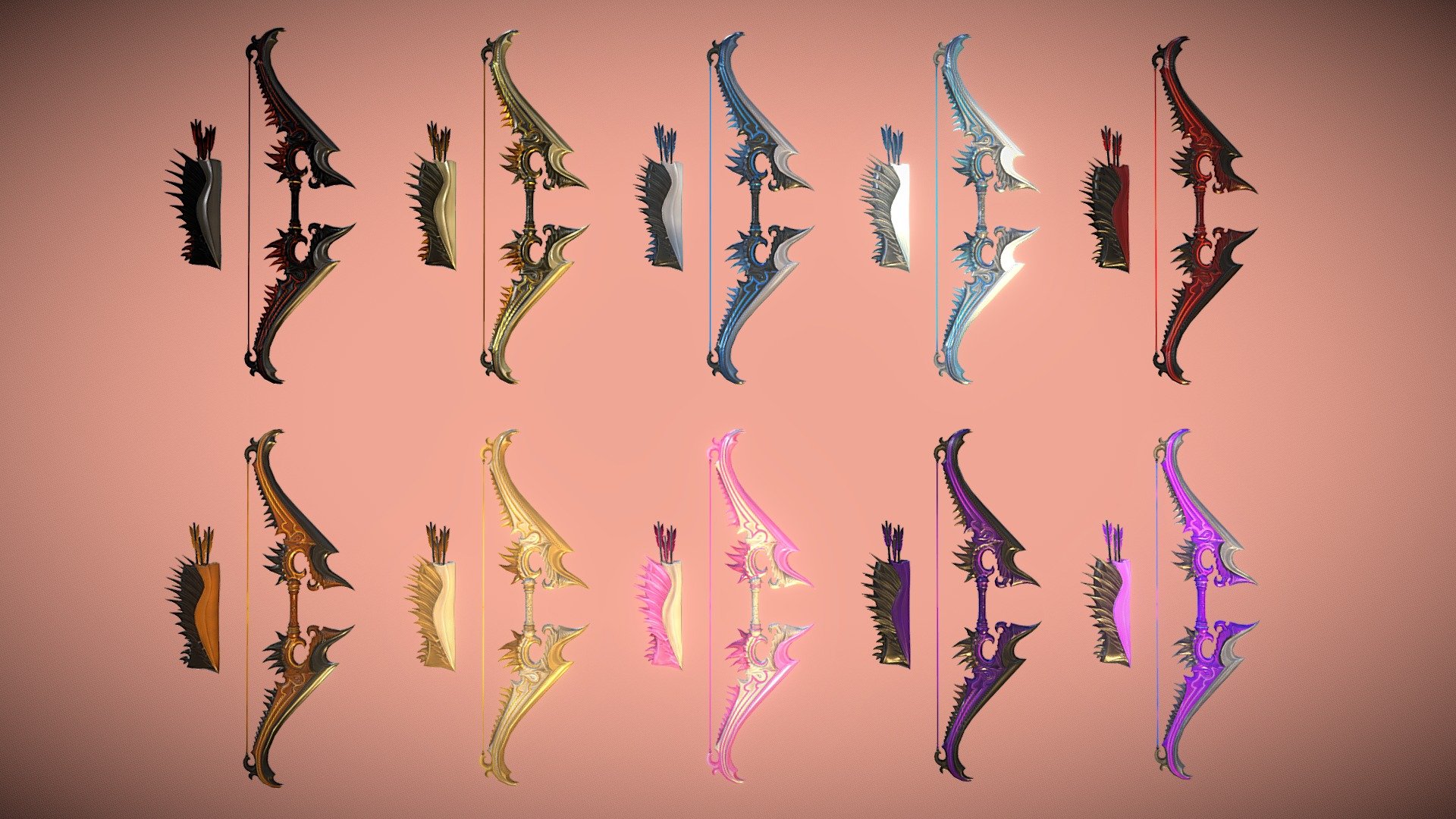 Ten epic fantasy style bows.




Bow rigged.

PBR materials with a resolution of 2048.

10 different skins.

Two geometries: bow (2620 triangles, 1956 vertices), quiver (594 triangles, 562 vertices).
 - Fantasy Bows #1 - 3D model by Kurt Hoogendoorn (@KurtHoogendoorn) 3d model