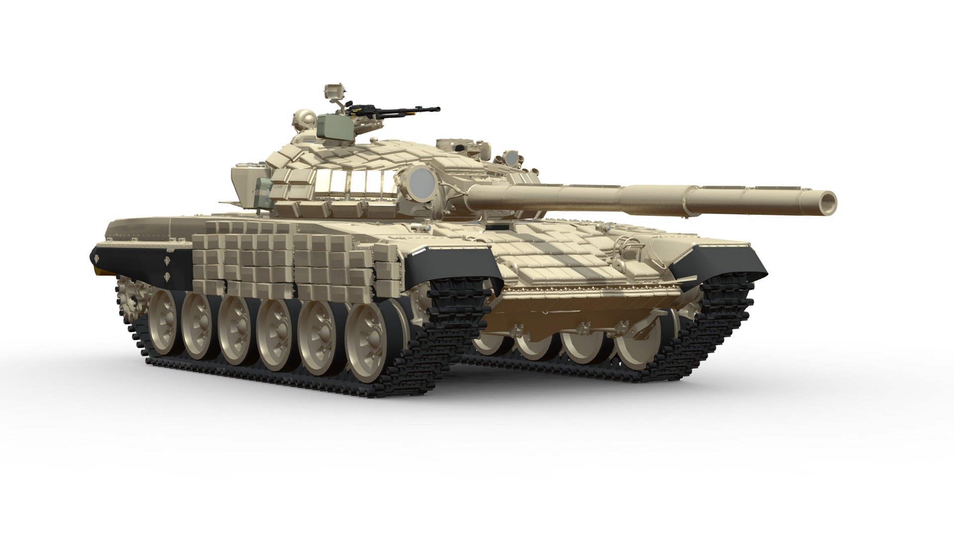 This high-quality 3D model is a detailed representation of the T-72B tank, a Soviet-designed main battle tank that has seen extensive use in various conflicts around the world. The model features accurate proportions, intricate surface detailing, and is optimized for use in simulations, games, or visualizations 3d model