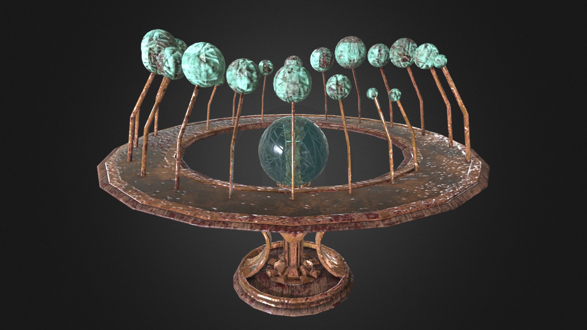 A defunct orrery of an alien solar system.

Modelled in Maya, and textured in Substance Painter - Orrery - Download Free 3D model by Matt LeMoine (@Matt_LeMoine) 3d model