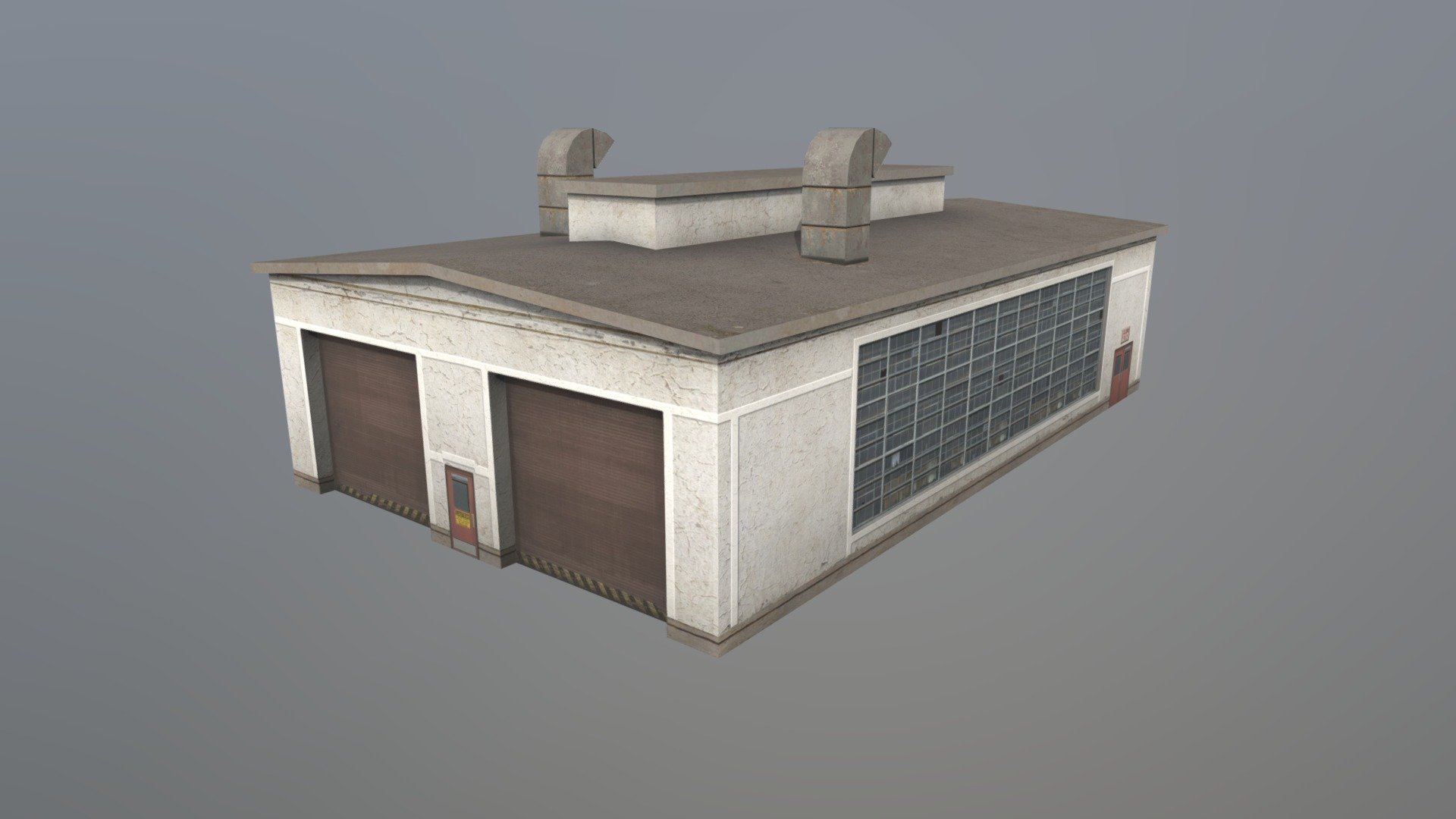 A small structure with large industrial windows and two bay doors. It's based on a small train storage outbuilding seen at a port in California. 

4K x 2K color/normal/roughness maps. It was originally built to be viewed at a distance (for strategy games, as a background asset, etc) so the level of polygonal detail is quite low! - Locomotive Storage Building - Buy Royalty Free 3D model by CommonSpence 3d model