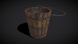 Reinforced Wooden Bucket drum, bucket, barrel, basket, exterior, medieval, holder, winery, carrier, trade, tub, props, models, cellar, keg, houseware, asset, wood