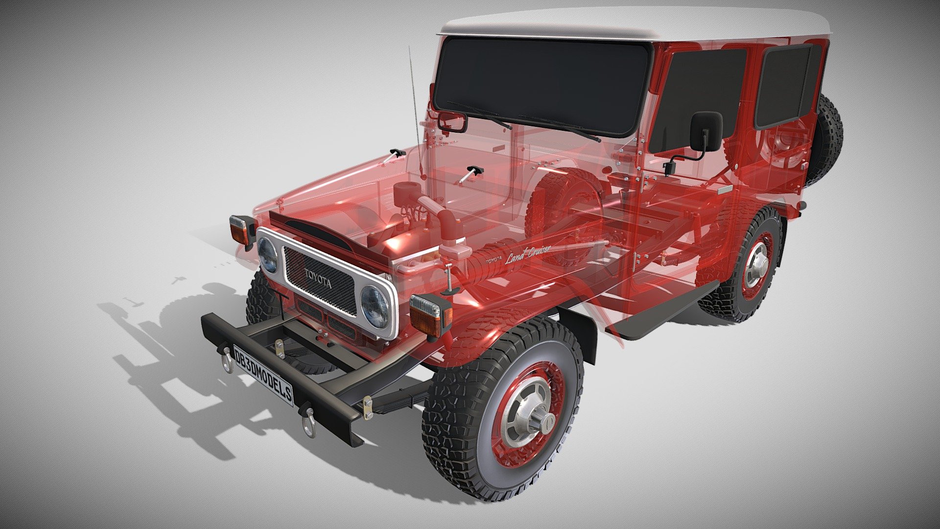 Toyota Land Cruiser Fj-40 with full chassis (motor setup, transmission, brakes, linkages, suspension, steering) 3d model rendered with Cycles in Blender, as per seen on attached images.

File formats:
-.blend, rendered with cycles, as seen in the images;
-.blend, rendered with cycles, with a see-through of the chassis, as seen in the images;
-.obj, with materials applied;
-.dae, with materials applied;
-.fbx, with material slots applied;
-.stl;

Files come named appropriately and split by file format.

3D Software:
The 3D model was originally created in to Blender 2.79 and rendered with Cycles.

Materials and textures:
The models have materials applied in all formats, and are ready to import and render.
The models come with no image textures as everything is material based 3d model