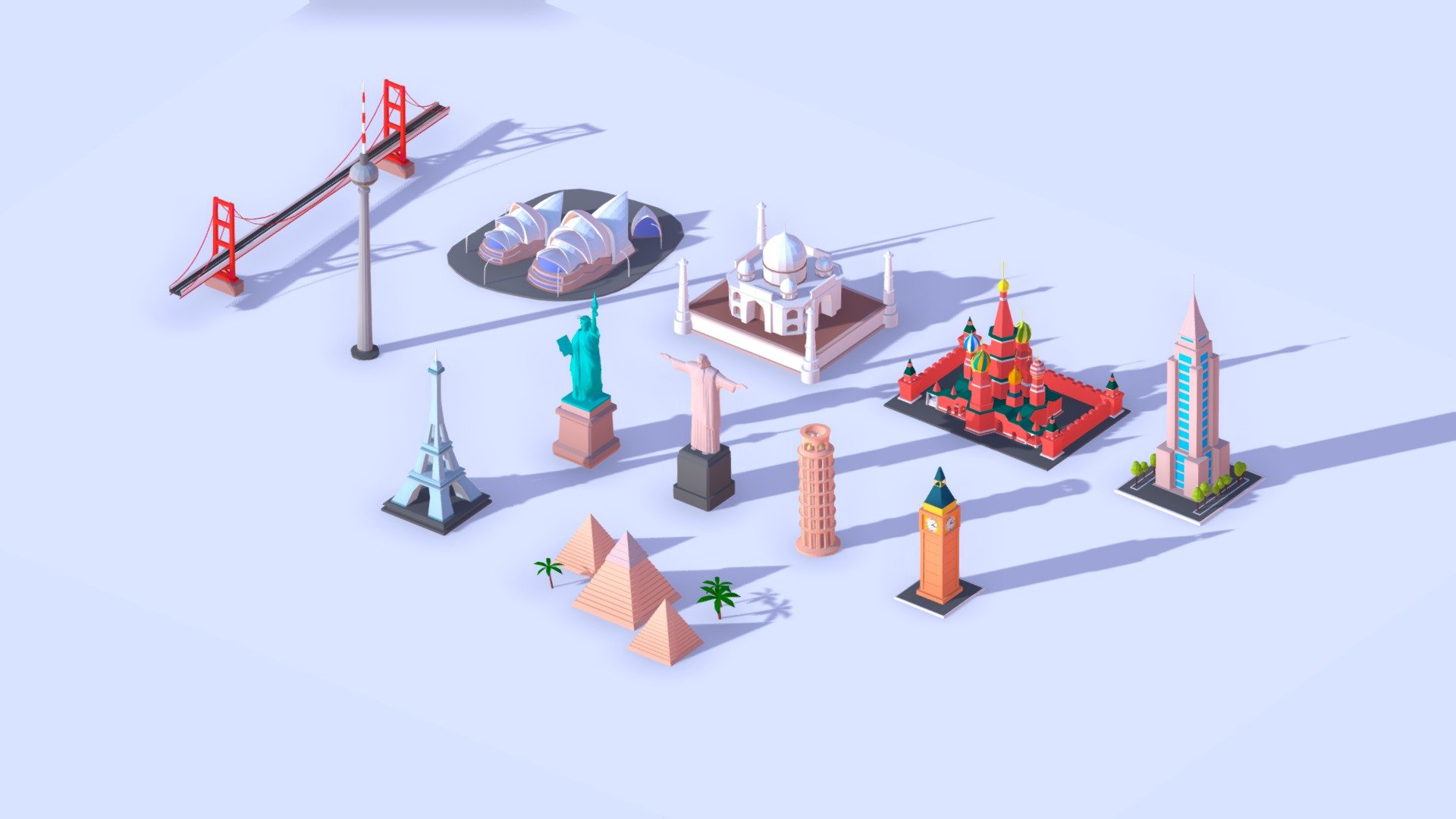 Cartoon Low Poly Landmarks Asset Pack

Created on Cinema 4d R17 (Render Ready on native file)

31 004 Polygons

UVW textured

Game Ready

Ar/Vr Ready

Unity Ready
 - Polygonia Cartoon World Landmarks Pack - Buy Royalty Free 3D model by antonmoek 3d model