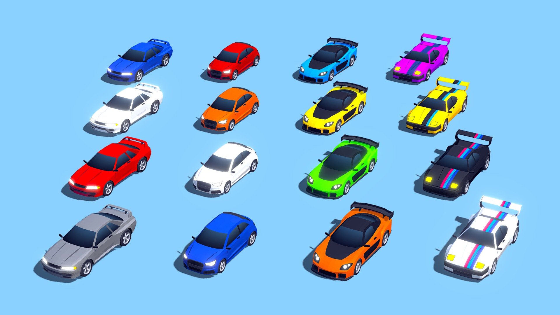November update (2022.11) of the Low Poly Cars - Mega Pack asset, which is available in the Unity Asset Store.

It includes 4 new cars: Mazda RX7 Veilside, Nissan Skyline R32, Audi A1 and BMW M1 Procar 3d model