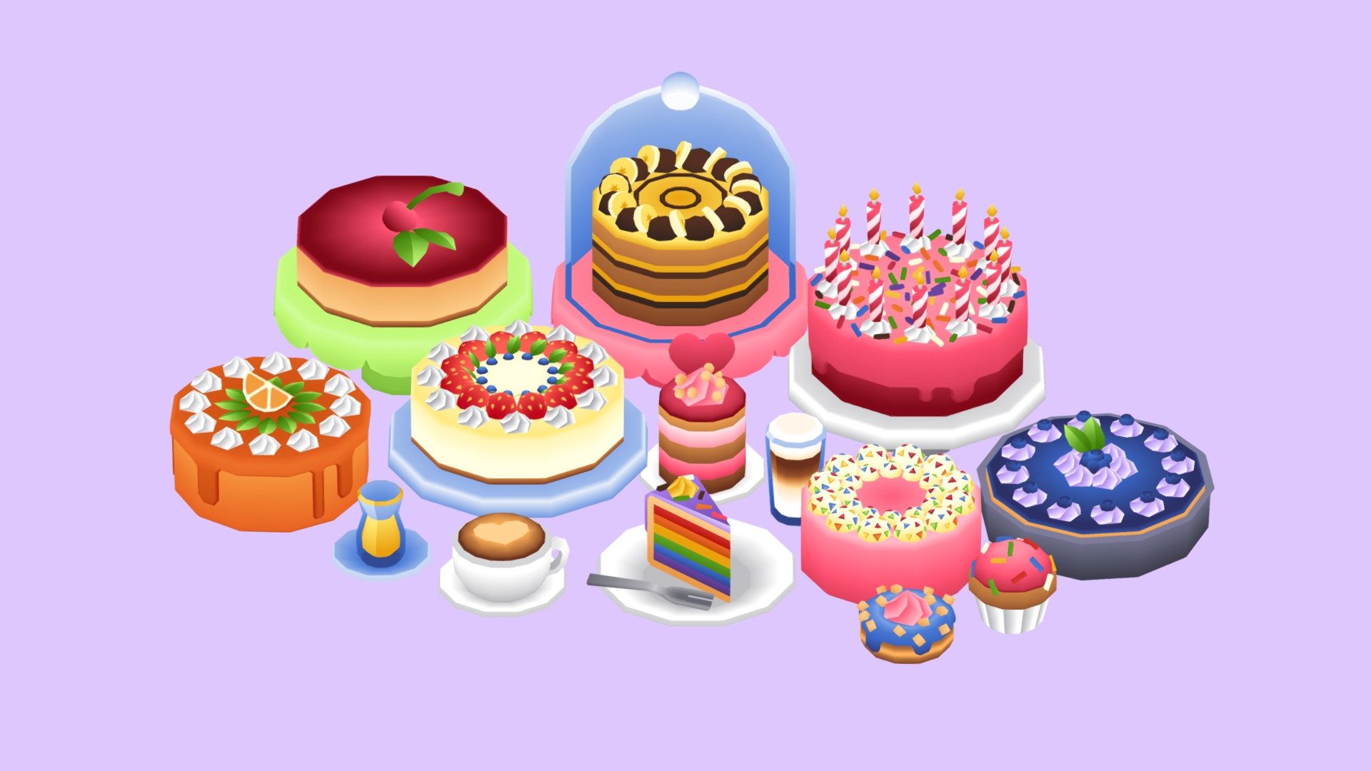 A big collection of colorful cakes, pies, teas and coffee props. Perfect for a café setting! This package contains 220+ Assets

Tris: 420tris average Texture: 512x512px

These are part of &gt;Jacky’s Lowpoly Cake Pack&lt; on the Unity Assetstore 3d model