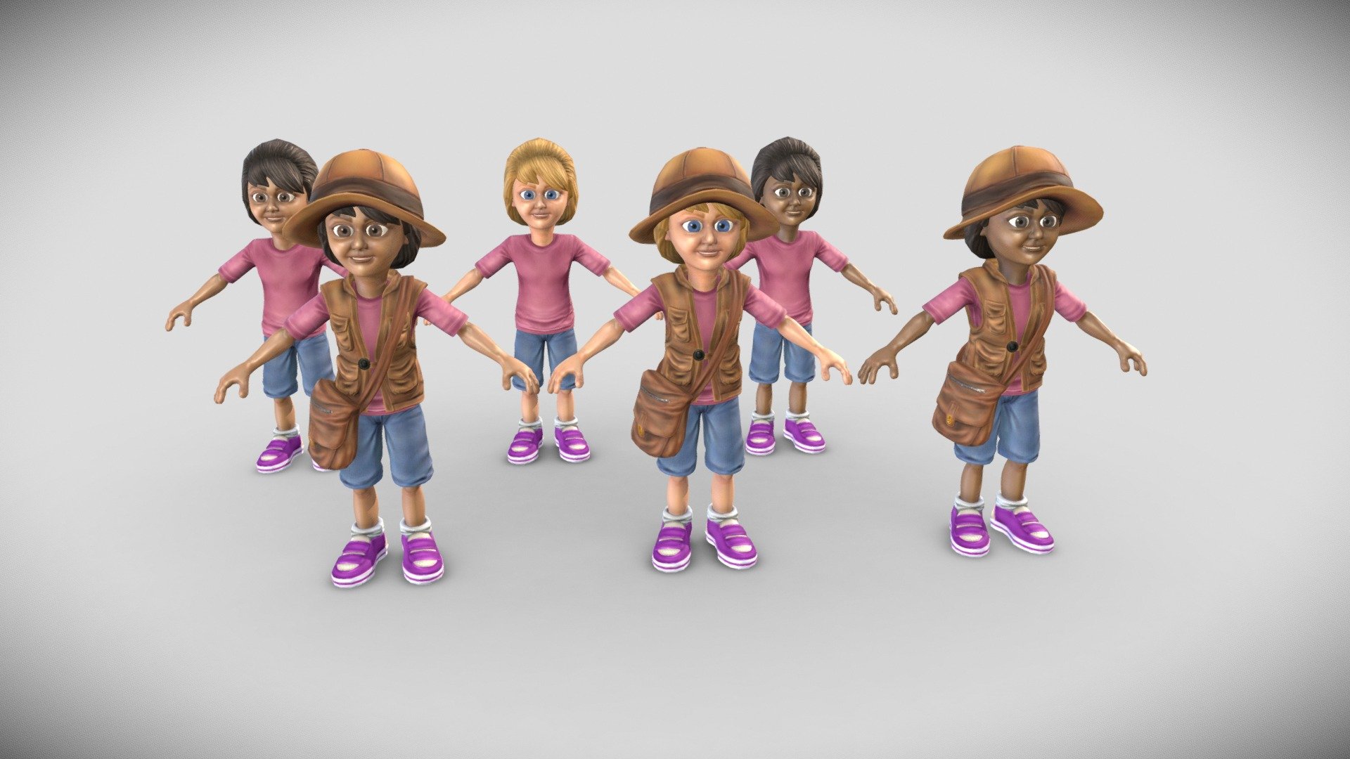 A child (Girl) model dressed for exploring. White, Latina, and Black versions included.

Color, Specular/Gloss, Occlusion, and Normal maps are 4096.

Collada, FBX, and OBJ formats included 3d model