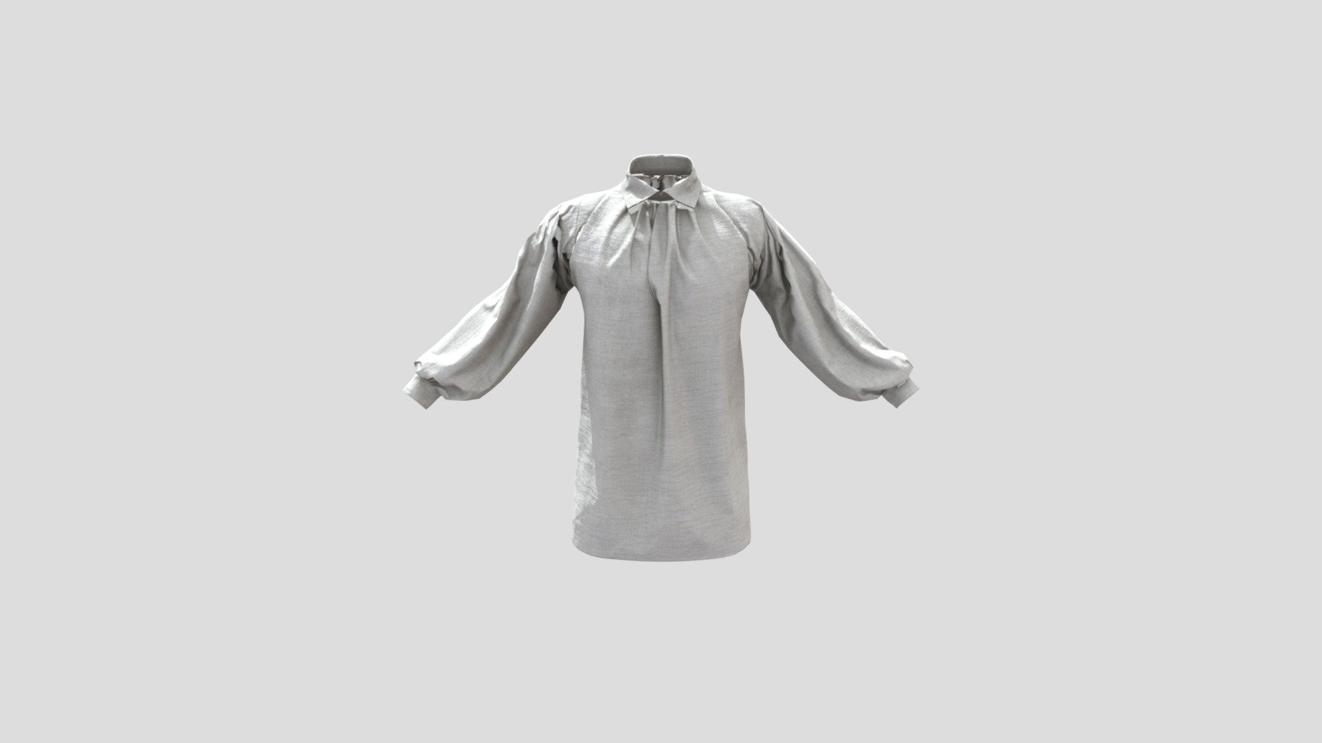 An early 19th Century Men's Shirt, this time with a turned collar. The collars in this period are typically worn straight up and down with a cravat wrapped several times around the neck to hold it in place, but this shirt has a folded collar as a character choice. Someone a little less interested in the fashionable style of the time might wear their collar like this 3d model