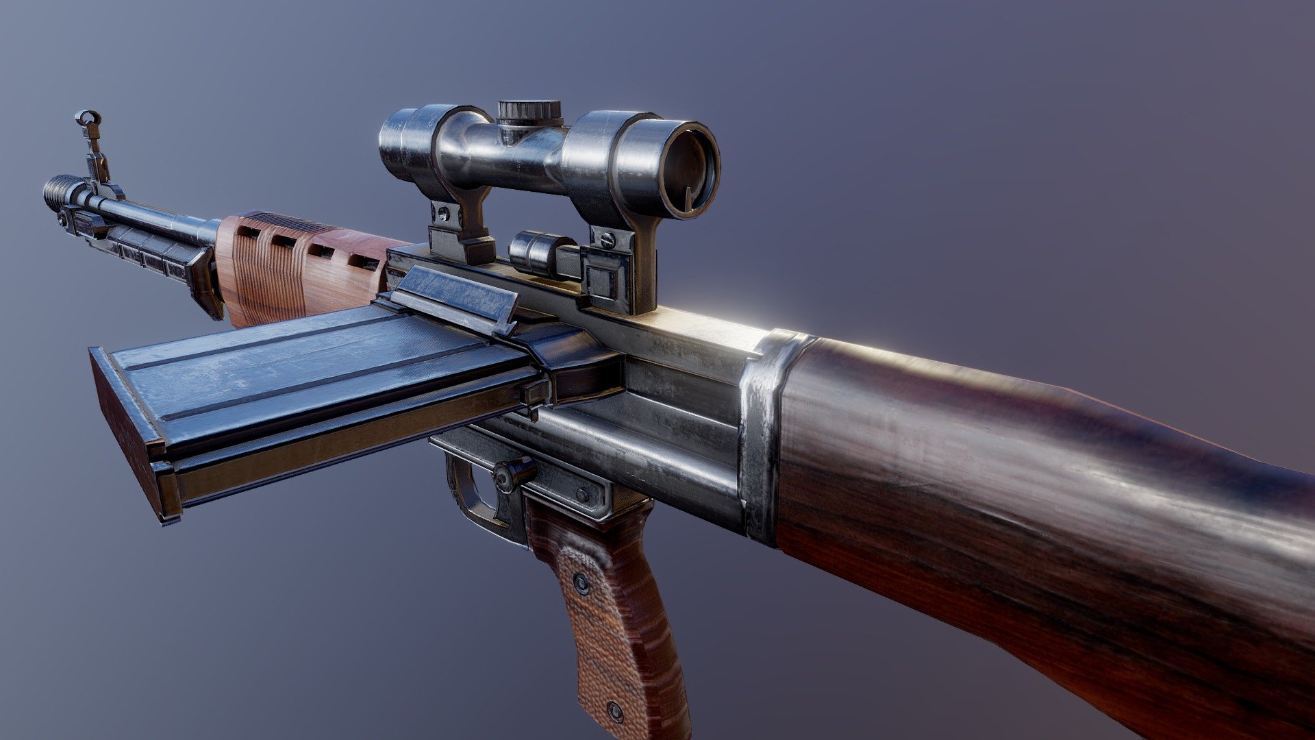 My first upload, i'm also fairly new to 3D modelling.

This is the Fallschirmjägergewehr 42, or FG 42.
It was made for german Paratroopers as it was a very lightweight rifle. 
The FG 42 is considered one of the most advanced weapon designs of the World War 2.

New version: https://sketchfab.com/3d-models/fallschirmjagergewehr-42-226f43a7c3894e48b2af5cd3dde9f5e6 - FG 42 (OLD) - 3D model by Joe-Louis (@Dikkiedik) 3d model