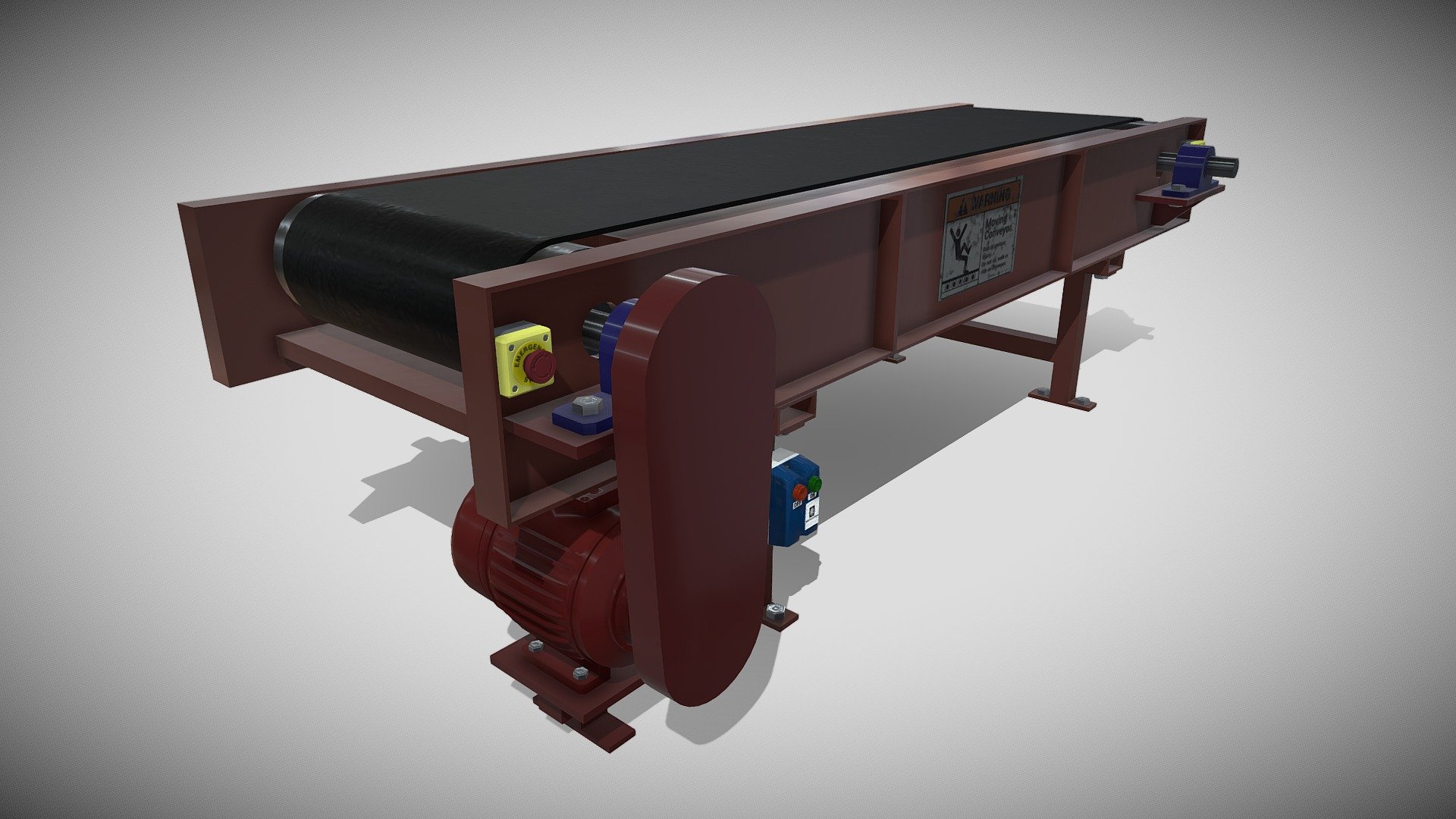 Low-poly Conveyor model

Single belt, Drive and tail pulley with DOL-stater and Emergency stop push buttons.

Electric motor driven with belt guard cover.

Model is PBR, OpenGL.

AR/ VR/ Unity &amp; Unreal Engine friendly

Game-ready, hand-painted using Substance Painter

Textures; 2048 x 2048, OpenGL, Dilation + Single Background Colour, 16 Pixel Padding

Maps Include; Base, Normal, Height, Rough, and Metal.

Please Note: This model contains holes. NOT for 3D printing 3d model