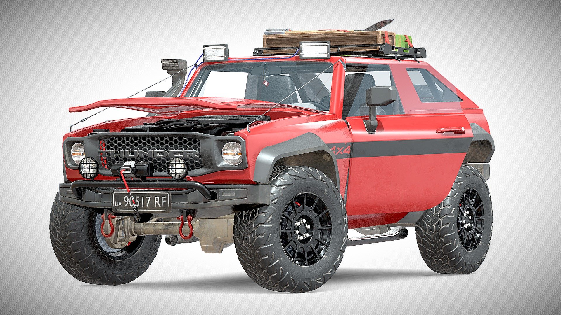 AAA Realistic and Game-ready model of a Generic Red SUV

This Suv is fully brandless and generic so it can be used in any project without any righ claim issues

It has PBR textures in JPG format with the following layouts:

Exterior(4096x4096)— Basecolor, Metallic, Roughness, Normals

Interior(2048x2048)— Basecolor, Metallic, Roughness, Normals, Emissive

Tire(2048x2048)— Basecolor, Metallic, Roughness, Normals

OffroadingKit(4096x2048)— Basecolor, Metallic, Roughness, Normals - Generic 4x4 SUV Red - Buy Royalty Free 3D model by rfarencibia 3d model