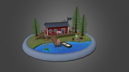 Diorama "Fishers Hut" trees, forest, animals, lake, hut, diorama, fishers, handpainted, blender, substance-painter, house, environment, boat