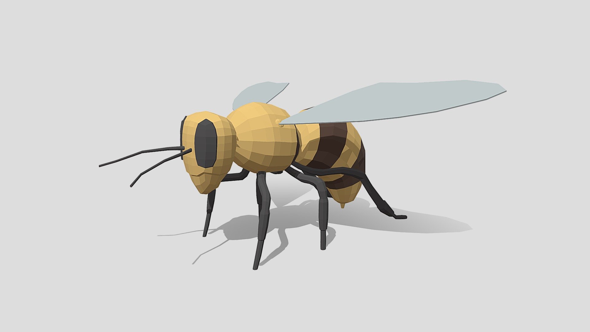 This is a low poly 3D model of a honey bee. The low poly bee was modeled and prepared for low-poly style renderings, background, general CG visualization presented as 1 mesh with quads only.

Verts : 1.552 Faces : 1.528.

The 3D model have simple materials with diffuse colors.

No ring, maps and no UVW mapping is available.

The original file was created in blender. You will receive a 3DS, OBJ, FBX, blend, DAE, Stl, gLTF.

All preview images were rendered with Blender Cycles. Product is ready to render out-of-the-box. Please note that the lights, cameras, and background is only included in the .blend file. The model is clean and alone in the other provided files, centred at origin and has real-world scale - Low Poly Cartoon Honey Bee - Buy Royalty Free 3D model by chroma3d (@vendol21) 3d model