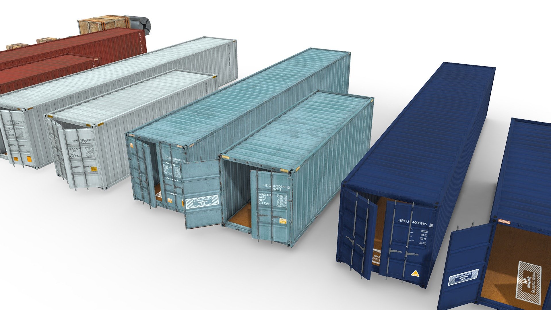 Set Standard Container.
40ft and 20ft containers
4 color options.
12 goods elements
Possibility to create your own container filling.
Doors may be open
Actual sizes of models.
Highly detailed model and texture in 2K
Ready for Games
Ready for near and far renders 3d model