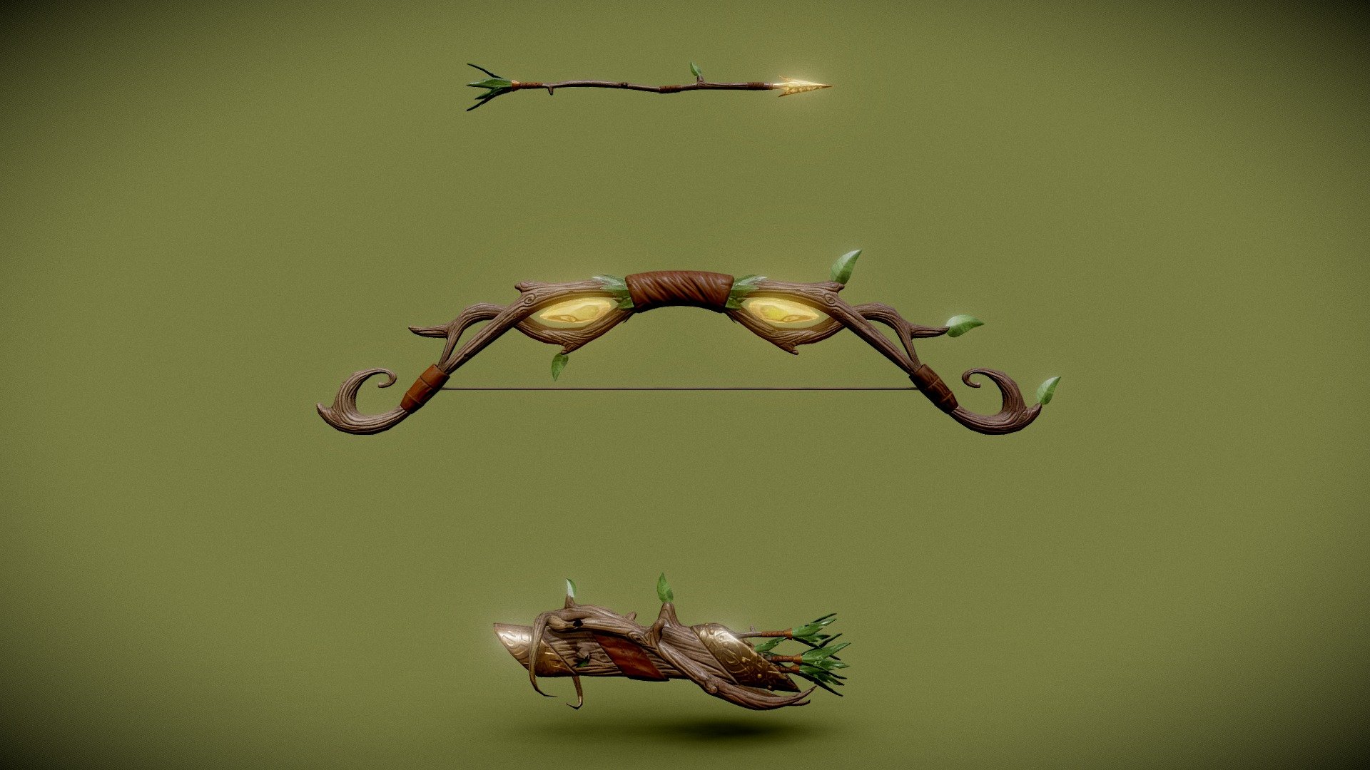 3D model of a stylized forest bow. About this model 1. 10K polyes 2. Clean Topology (Modeled using Blender) 3. High-quality details (sculpted using Zbrush) 4. Stylized and hand-painted (Textured using Substance Painter) 5. Includes all PBR textures 3d model